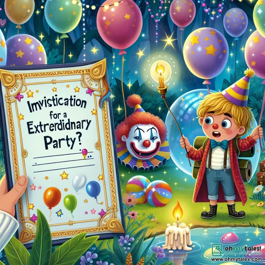 Une illustration destinée aux enfants représentant un jeune garçon plein de curiosité et d'aventures, découvrant une mystérieuse invitation pour une fête d'anniversaire extraordinaire, accompagné d'un clown espiègle, dans un parc magique rempli de ballons colorés, de bulles scintillantes et de miroirs amusants.