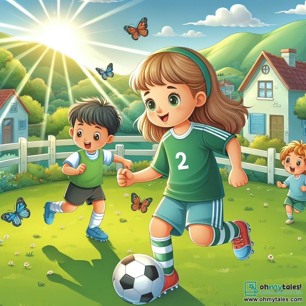 Une illustration destinée aux enfants représentant une jeune fille passionnée de football vivant dans une petite ville entourée de collines verdoyantes, s'entrainant avec son petit frère, un garçon espiègle aux cheveux ébouriffés, dans un parc ensoleillé où des papillons virevoltent joyeusement.