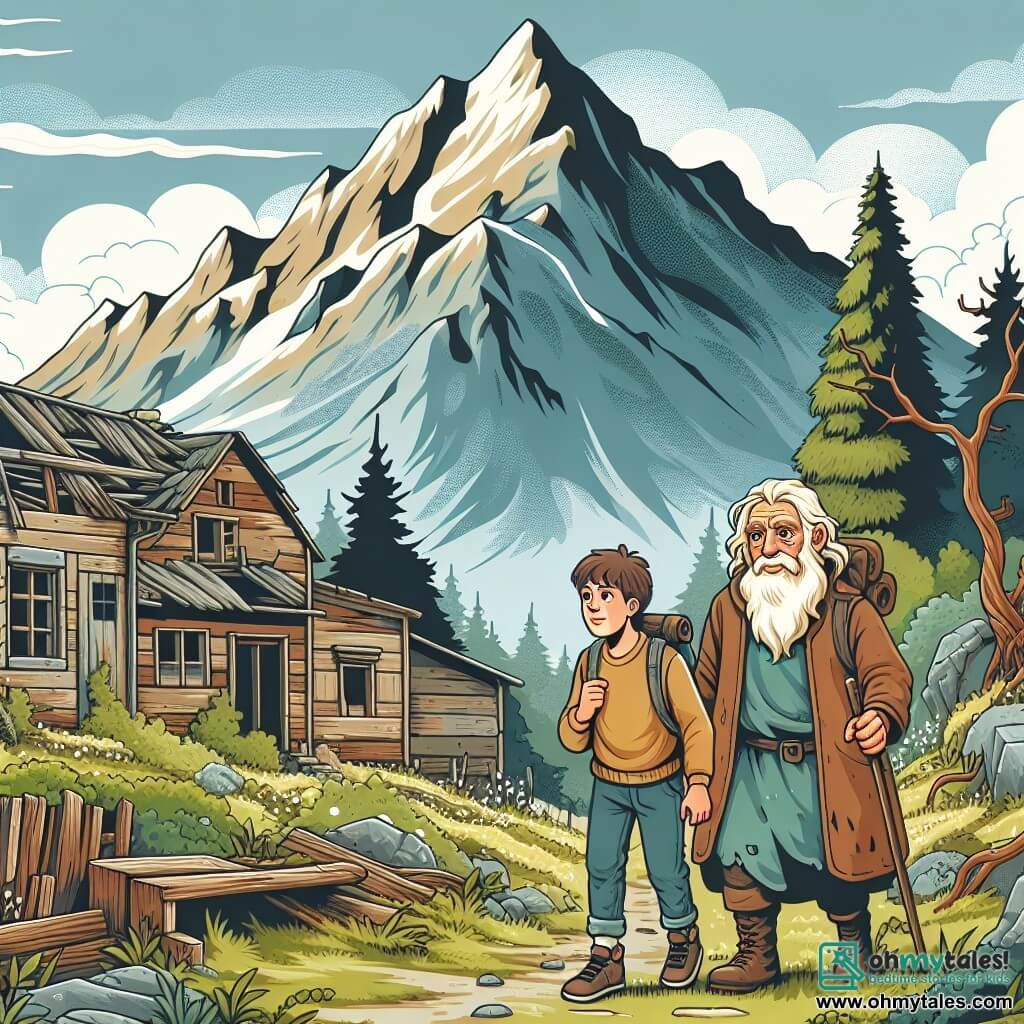 Une illustration destinée aux enfants représentant un jeune garçon courageux se lançant dans une aventure pour retrouver son amie disparue, accompagné d'un sage vieil homme, dans un village abandonné envahi par la nature, au pied d'une montagne majestueuse.