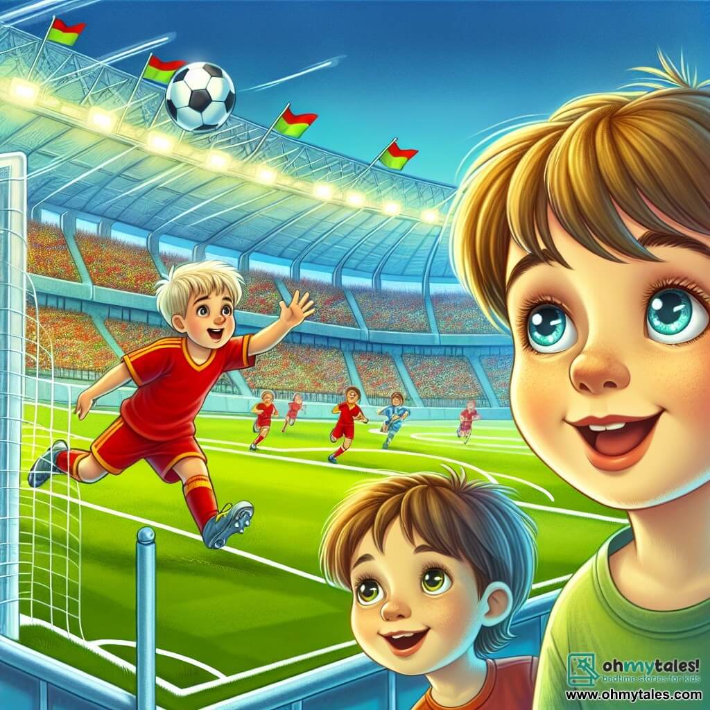 Une illustration destinée aux enfants représentant une jeune fille passionnée de football, marquant un but spectaculaire lors de son premier match professionnel, sous les yeux émerveillés de son petit frère, un garçon aux cheveux ébouriffés et aux yeux brillants, dans un stade immense aux gradins colorés et aux drapeaux flottant joyeusement.