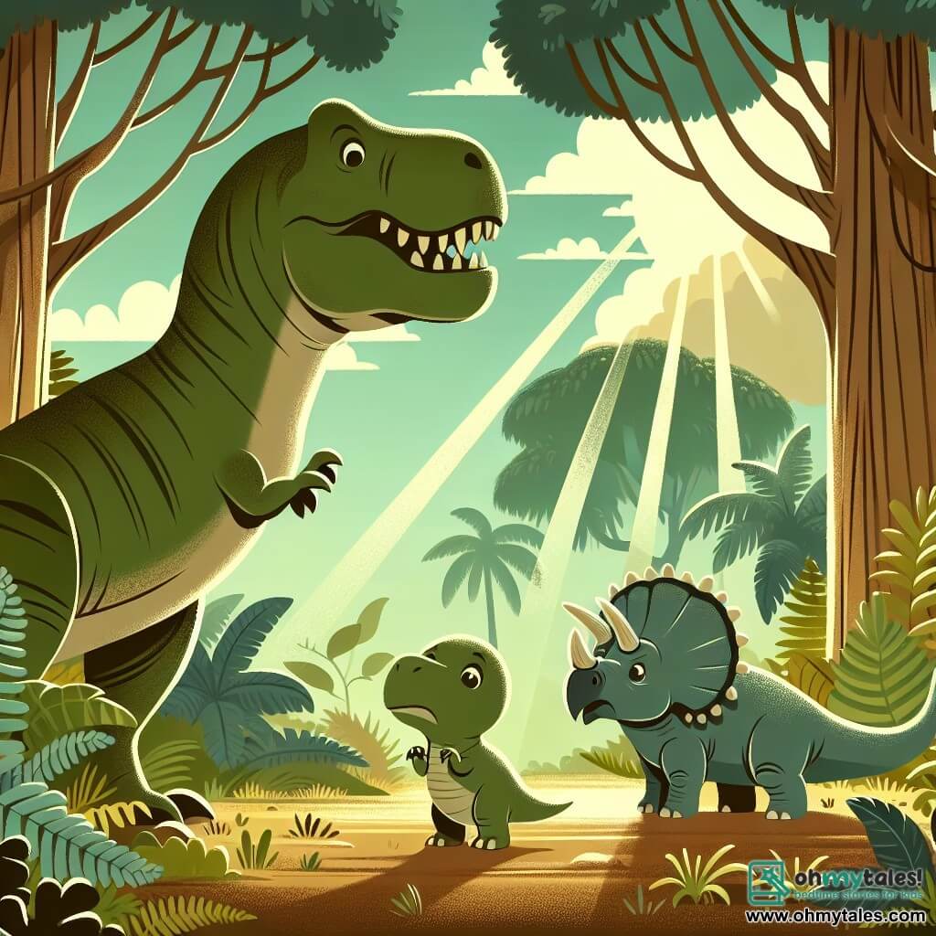Une illustration destinée aux enfants représentant un imposant Tyrannosaure Rex, un jeune Tricératops en détresse, et une mystérieuse jungle préhistorique aux arbres gigantesques, aux fougères luxuriantes et aux rayons de soleil dorés filtrant à travers le feuillage.