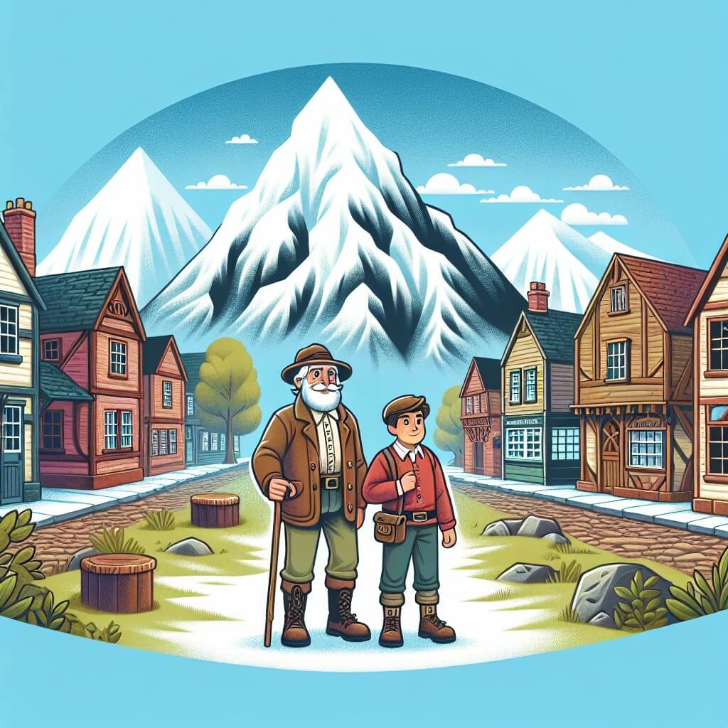 Une illustration destinée aux enfants représentant un homme courageux et curieux, se tenant devant une montagne enneigée, accompagné d'un guide expérimenté, dans la petite ville pittoresque d'Ashworth, entourée de maisons en bois et de ruelles pavées.