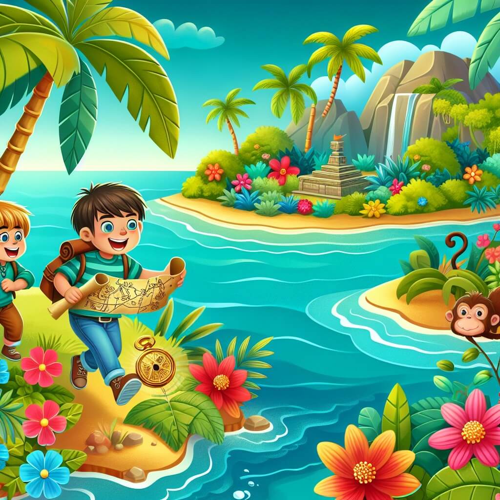 Une illustration destinée aux enfants représentant un jeune garçon intrépide, accompagné de son amie, naviguant sur une mer turquoise jusqu'à une île mystérieuse, où ils découvrent une ancienne carte au trésor, les conduisant à un temple oublié, caché au milieu d'une jungle luxuriante, remplie de fleurs éclatantes et de singes facétieux.