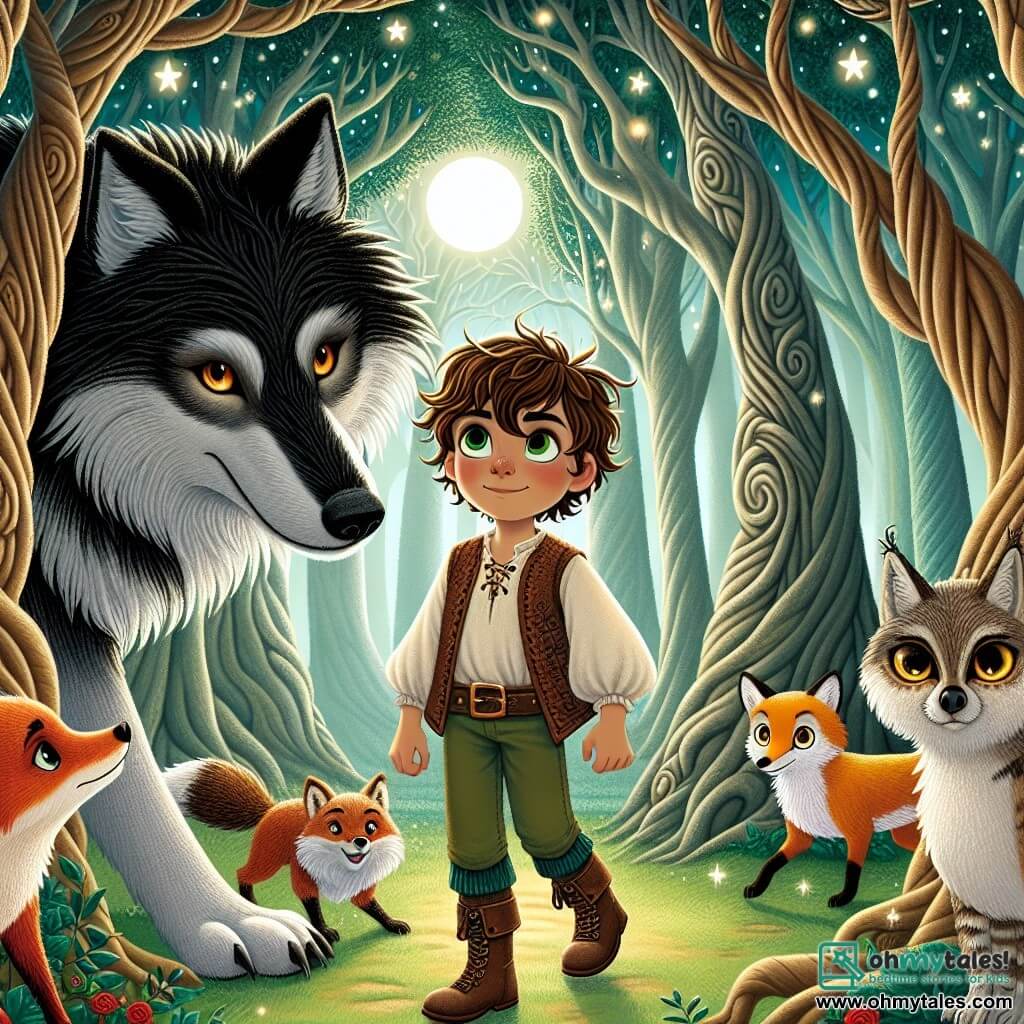 Illustration destinée aux enfants représentant une clairière magique au cœur des Whispering Woods, où de grands arbres aux troncs noueux s'élèvent vers un ciel étoilé, leurs feuilles scintillant comme des étoiles. Au centre, un garçon de 11 ans, aux cheveux châtains ébouriffés et aux yeux pétillants de curiosité, se tient courageusement face à un grand méchant loup au pelage noir et argenté, dont les yeux brillent d'une lueur mystérieuse. À ses côtés, un renard rusé aux yeux vifs et une chouette sage aux plumes dorées observent la scène, prêts à aider. L'atmosphère est chargée de tension et de magie, alors que le garçon, avec une expression déterminée, fait un pas en avant pour comprendre le loup, symbolisant l'espoir et l'empathie au milieu des ombres de la forêt.