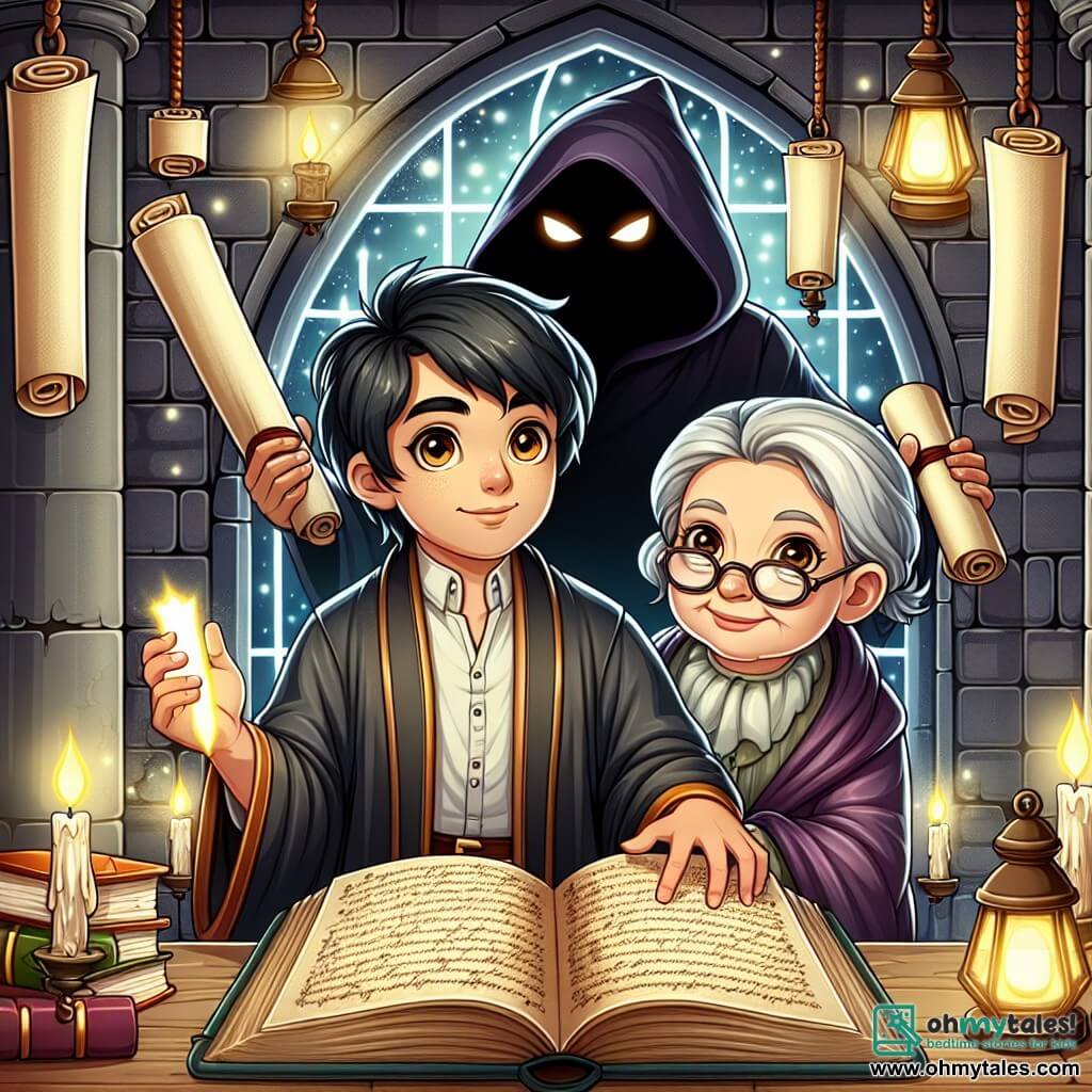 Une illustration sous forme de dessin destinée aux enfants représentant une bibliothèque ancienne aux murs ornés de rouleaux de soie et de lanternes scintillantes, où un jeune homme aux cheveux noirs et aux yeux brillants, vêtu d'une robe de lettré, se tient avec un rouleau lumineux dans les mains, entouré d'une femme âgée au regard sage, portant des lunettes et feuilletant un ancien livre, alors qu'une ombre menaçante se profile à l'entrée, symbolisant la lutte entre la connaissance et les forces obscures qui cherchent à s'emparer des histoires du passé.