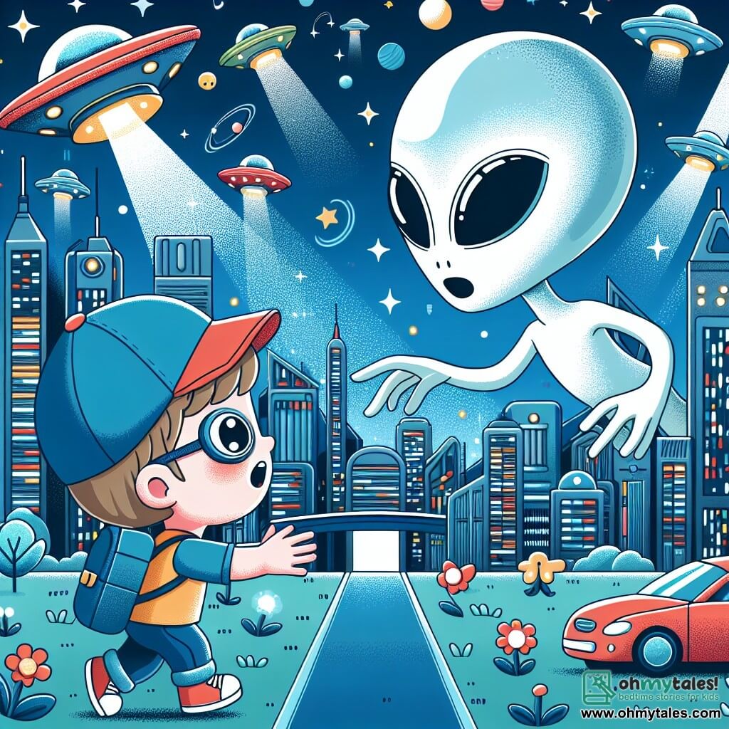 Une illustration destinée aux enfants représentant un garçon émerveillé par la découverte d'un alien curieux, dans la ville futuriste de Lumina aux bâtiments scintillants et voitures volantes.