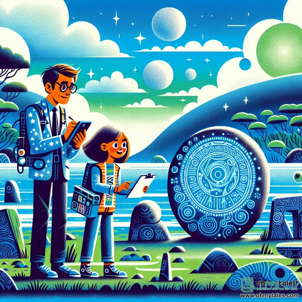 Une illustration sous forme de dessin destinée aux enfants représentant un paysage extraterrestre vibrant de couleurs, avec des océans d'indigo et des continents verdoyants sous un ciel parsemé de nuages cotonneux, où un homme aux cheveux bruns et aux lunettes rondes, vêtu d'une combinaison spatiale scintillante, examine avec émerveillement un mystérieux cercle de pierre gravé de motifs anciens, tandis qu'une femme aux cheveux noirs et flottants, portant un équipement scientifique, prend des notes avec enthousiasme, illustrant ainsi leur découverte d'une civilisation oubliée sur la planète Novara.