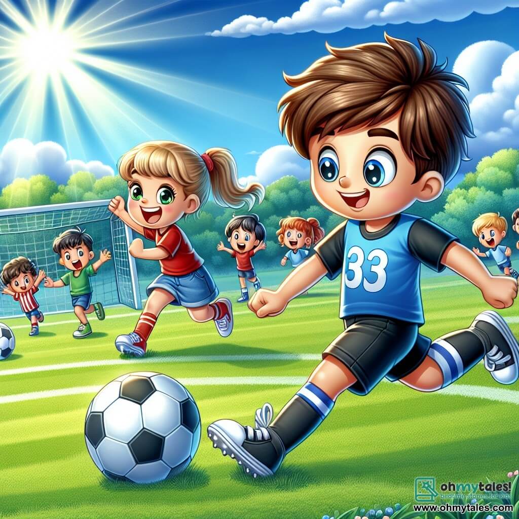 Une illustration sous forme de dessin destinée aux enfants représentant un terrain de football verdoyant sous un ciel bleu éclatant, où un jeune garçon aux cheveux bruns ébouriffés, portant un maillot bleu et des shorts noirs, s'apprête à tirer le ballon avec détermination, tandis qu'une fille aux cheveux blonds en queue de cheval, vêtue d'un maillot rouge, l'encourage avec enthousiasme, et en arrière-plan, d'autres enfants rient et jouent, créant une atmosphère joyeuse de camaraderie et de passion pour le football.
