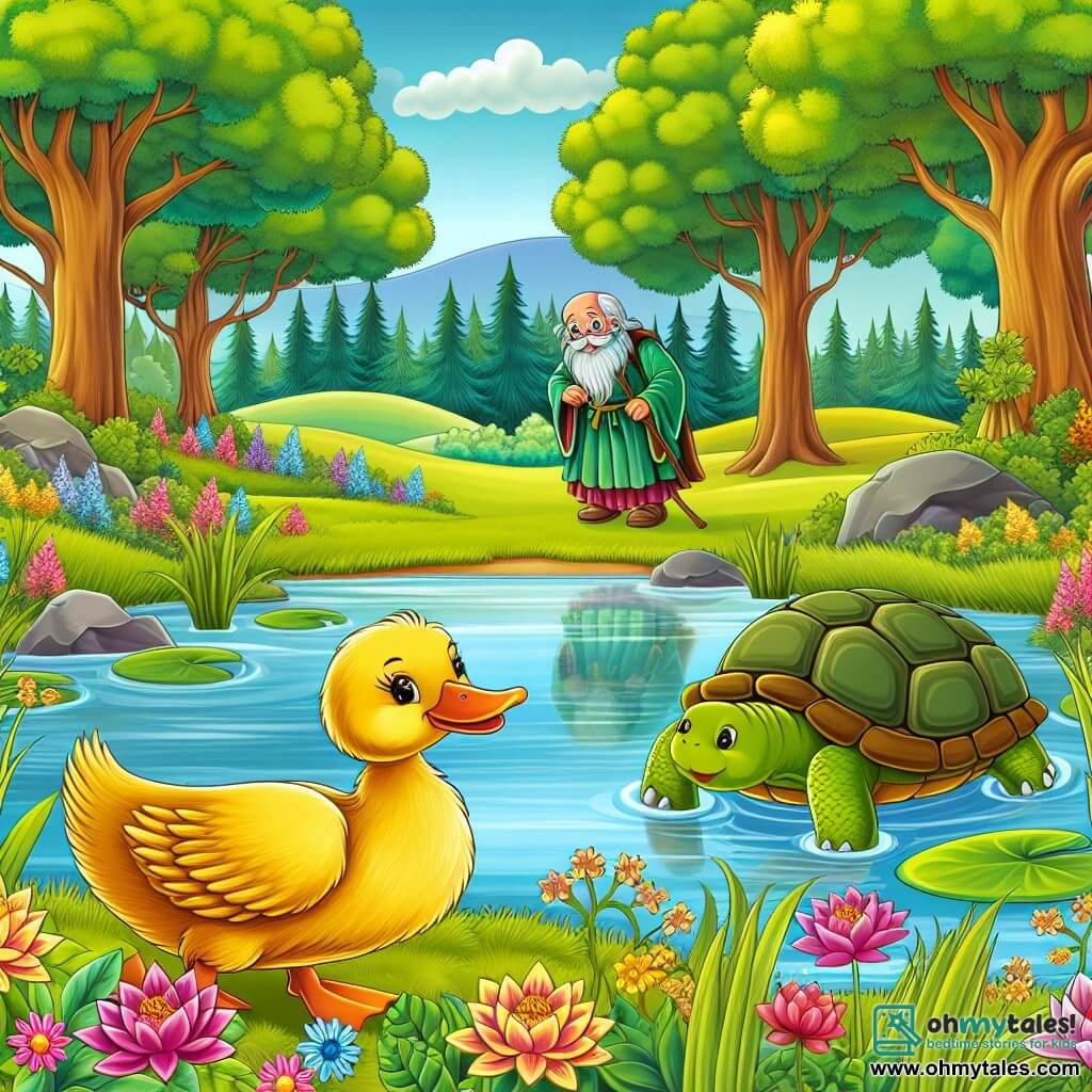 Une illustration destinée aux enfants représentant une jolie canne canard en or, découvrant un étang enchanté avec l'aide d'une vieille tortue sage, dans une prairie luxuriante bordée de grands arbres et de fleurs sauvages vibrantes.