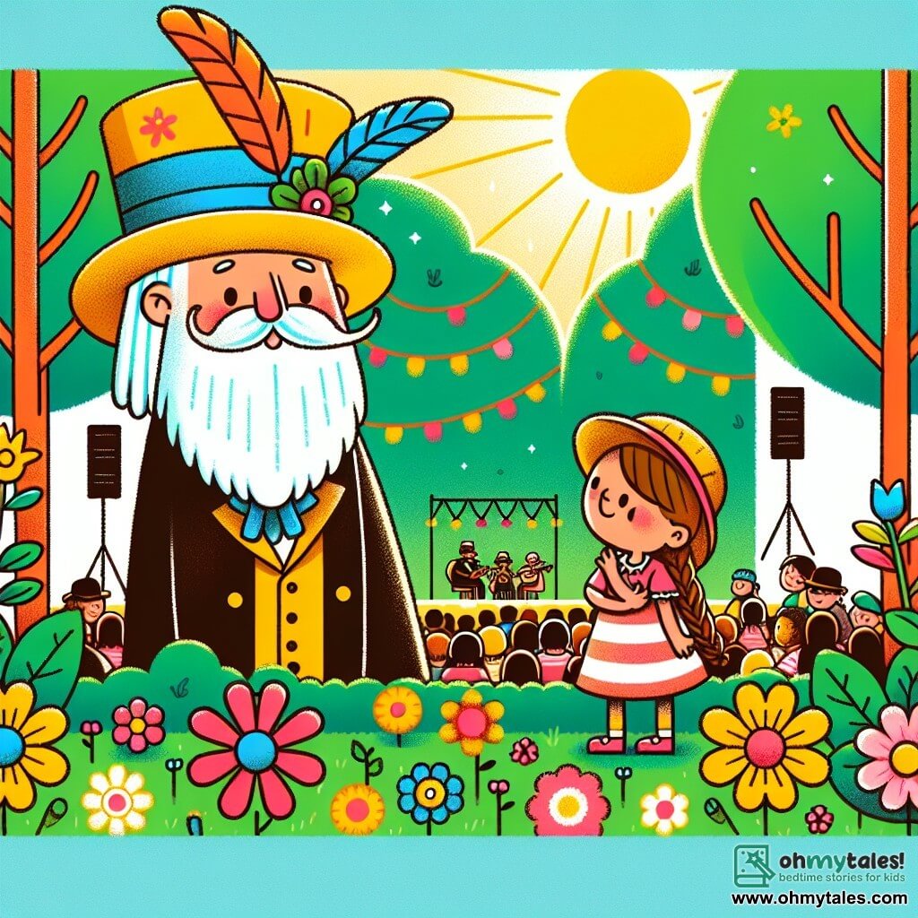 Une illustration destinée aux enfants représentant un homme au grand chapeau avec une plume, une petite fille curieuse, et un parc ensoleillé rempli de fleurs colorées où se déroule un concert de musique.