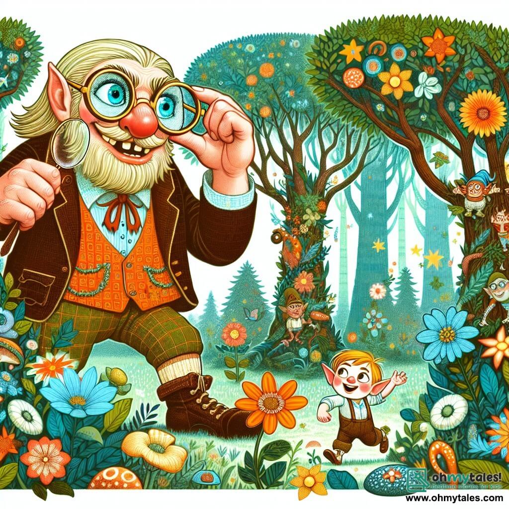 Une illustration destinée aux enfants représentant un géant aux yeux pétillants, à la recherche de ses lunettes géantes, accompagné d'un petit lutin malicieux, dans la magnifique forêt enchantée de Whimsy Woods, où les arbres dansent au son des rires et les fleurs brillent de mille couleurs.