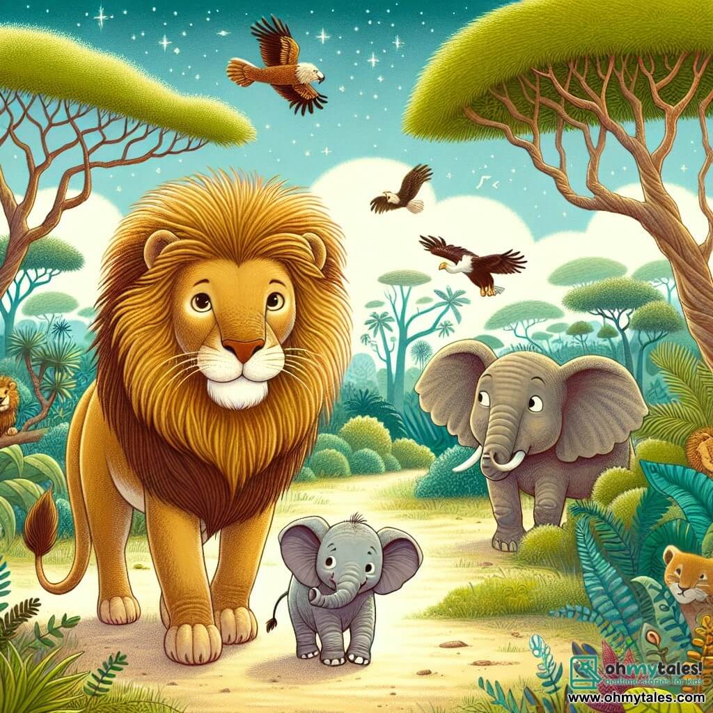 Une illustration destinée aux enfants représentant un majestueux lion aux crinières dorées, se tenant au cœur d'une savane africaine luxuriante, accompagné d'un adorable éléphanteau perdu, dans une quête pour retrouver sa famille.