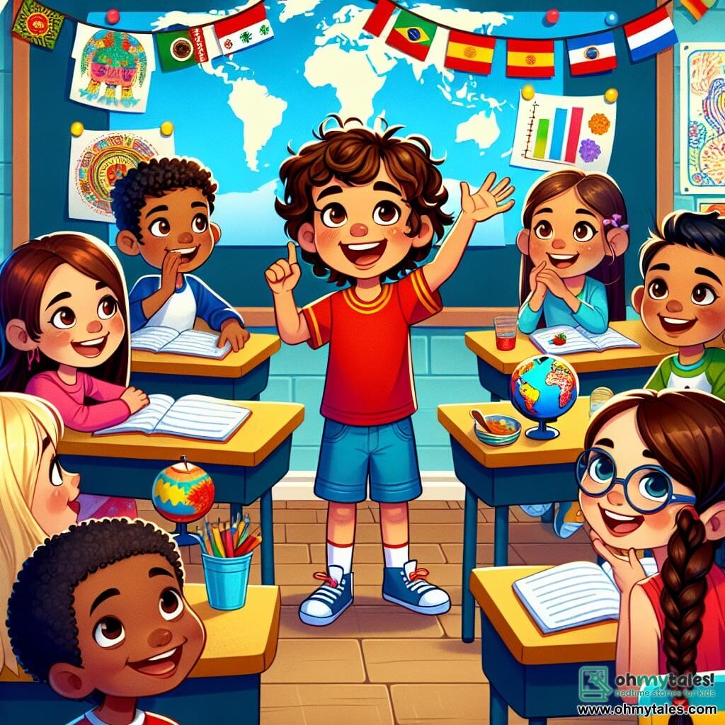 The illustration depicts a colorful and lively classroom with walls adorned with world maps and children's drawings. In the center, a 7-year-old boy with curly hair and a bright smile stands with his arms open, enthusiastically sharing a story. He wears a red t-shirt and blue shorts. Around him, several classmates listen attentively. A 7-year-old girl with long, smooth brown hair and fair skin smiles and raises her hand to ask a question. A Latino boy with short hair and tanned skin looks on with admiration. Another girl of Asian descent, wearing glasses and braids, takes notes with a big smile. The main scene shows the boy sharing a story about his culture, while his classmates, from different ethnic backgrounds, engage and show interest. Plates of colorful food and cultural objects are arranged on the tables, symbolizing the diversity of cultures present. The atmosphere is joyful and welcoming, illustrating the importance of friendship and respect among children, despite their differences.