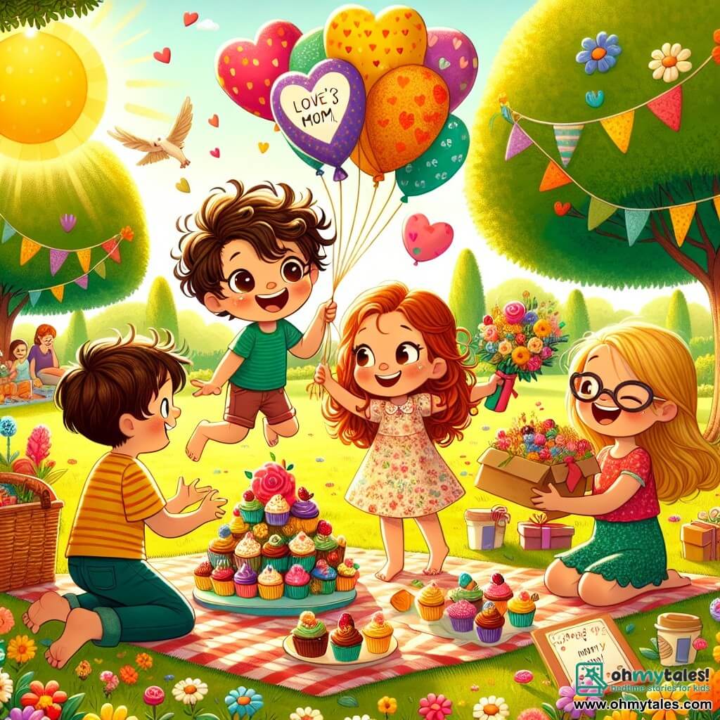 An illustration depicts a sunny park filled with colorful flowers and tall trees with green leaves, where balloons float in the air. In the center, a group of four children, two boys and two girls, joyfully gather around a large picnic blanket. The first boy, seven years old, has curly brown hair and sparkling eyes, smiling while holding a box of decorated cupcakes. The second girl, also seven, has messy long red hair and wears a floral dress, handing a pretty handmade card to her mother. The second boy, slightly taller, has blonde hair and a mischievous smile, making a funny face to amuse the adults. The last girl, with brown hair and glasses, is inflating a heart-shaped balloon. The main scene shows the children preparing a surprise for their moms, surrounded by colorful decorations and a festive atmosphere, filled with laughter and joy. Additional elements include brightly colored cupcakes, handmade cards, and radiant smiles on the faces of the children and approaching mothers, creating a warm and joyful ambiance.