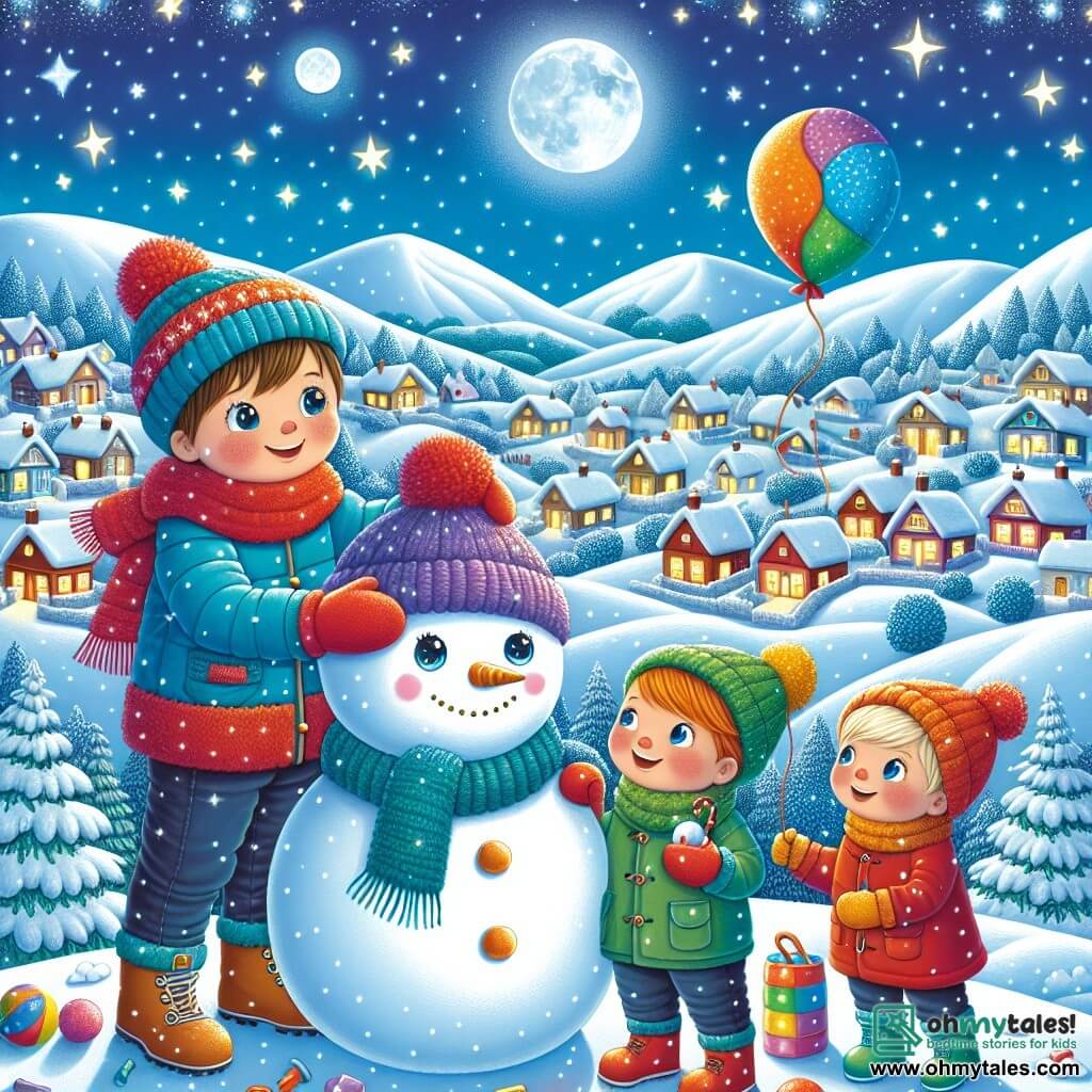 An illustration depicting a magical winter landscape at the top of a snowy hill. The sky is a deep blue, dotted with sparkling stars and a large glowing moon. Below, the village of Snowy Peaks shines brightly with houses topped with snow, resembling candy. In the center of the image, three energetic four-year-old boys are building snowmen. The first boy, with brown hair and rosy cheeks, wears a bright blue coat and a red scarf, smiling widely as he adds a wool hat to a snowman. The second boy, with blonde hair, is dressed in a green jacket and a yellow beanie, holding a large colorful balloon while gazing at the stars in wonder. The third boy, with black hair and sparkling eyes, wears a red coat and blue gloves, rolling a snowball to create an even larger snowman. In the background, a smiling snowman with a carrot nose and branch arms holds colorful balloons, adding a touch of magic to the scene. Snowflakes gently fall, and the atmosphere is filled with joy and excitement for the New Year celebration.