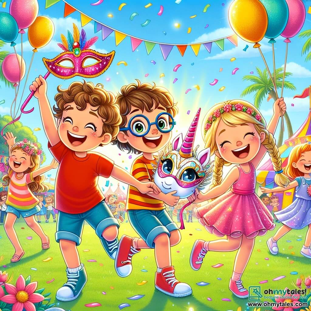 Une illustration sous forme de dessin destinée aux enfants représentant un carnaval coloré dans un parc ensoleillé, avec un groupe de quatre enfants de 7 ans : un garçon aux cheveux bruns et bouclés, portant un t-shirt rouge, qui tient un masque magique scintillant, une fille aux cheveux blonds et tressés, vêtue d'une robe rose, qui danse joyeusement, un garçon aux lunettes rondes et cheveux blonds, en train de sauter de joie, et une fille aux cheveux châtains et frisés, souriante, tenant une peluche en forme de licorne, tous entourés de ballons colorés et de confettis flottant dans l'air, capturant l'esprit d'aventure et de magie de leur journée au carnaval.