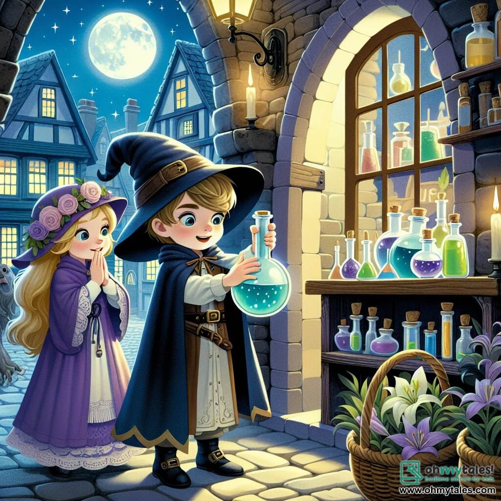 Une illustration destinée aux enfants représentant un jeune garçon déguisé en sorcier, découvrant une potion magique dans une mystérieuse boutique, avec son amie Lily, dans la charmante ville de Willow Creek, baignée par la lumière de la lune.