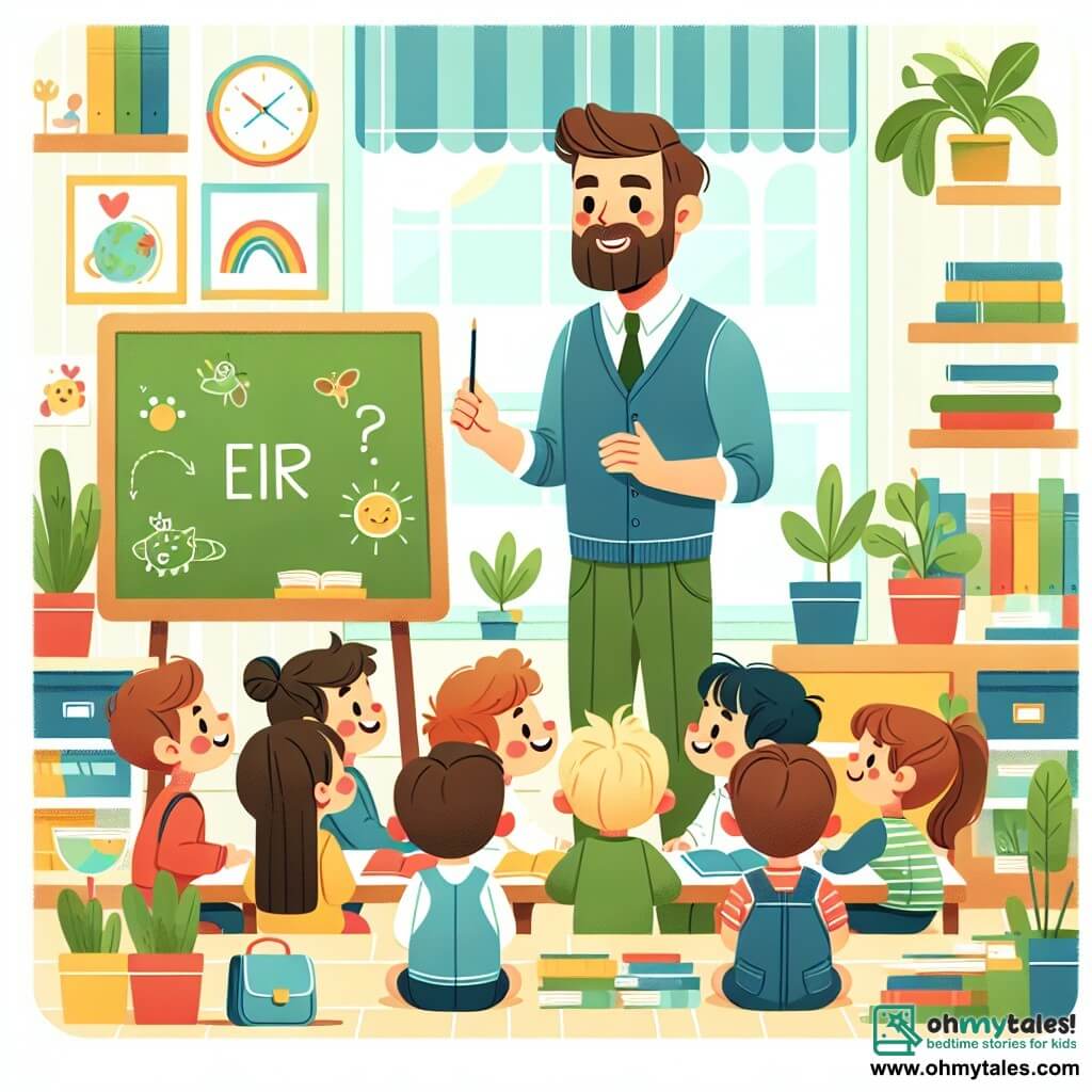 Une illustration destinée aux enfants représentant un instituteur chaleureux et bienveillant, un groupe d'enfants curieux et enthousiastes, dans une salle de classe lumineuse et colorée remplie de livres, de plantes vertes et de dessins joyeux.