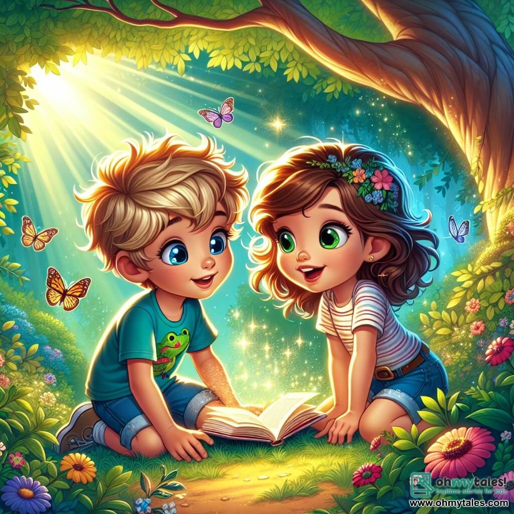 An illustration depicting an enchanted clearing bathed in golden light, surrounded by majestic trees with vibrant green leaves. In the center of this scene, a 7-year-old boy with messy blonde hair and sparkling curious eyes is crouched down, holding an open book in his hands. He is wearing a blue t-shirt with a dinosaur pattern and denim shorts. Next to him, a 7-year-old girl with curly brown hair and a contagious smile is attentively observing the book, hands on her hips, full of enthusiasm. The main situation shows the moment when the two friends discover the secrets of the book about self-confidence, surrounded by colorful flowers and butterflies fluttering around them. In the background, soft light filters through the branches of the trees, creating a magical and welcoming atmosphere. Sparkles of light surround them, symbolizing wonder and discovery.