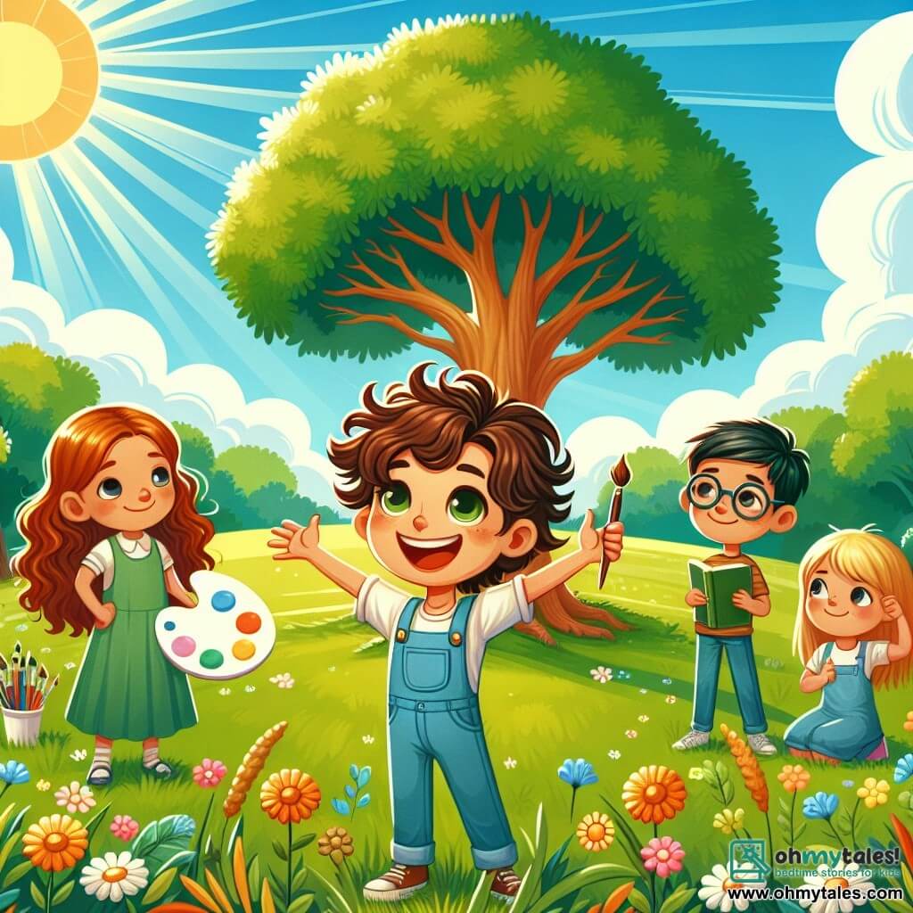 An illustration depicts a vibrant scene in a sunny park where a large majestic oak tree provides shade for a group of children. The ground is covered with green grass and colorful flowers, while a clear blue sky is dotted with fluffy white clouds. In the center, a 10-year-old boy with curly brown hair stands confidently, smiling broadly and raising his arms as if he has just won a prize. Next to him, a 10-year-old girl with long blonde hair holds a paint palette and brush, her eyes sparkling with pride for her art. Another boy, wearing glasses and with brown hair, encourages with a big smile, while a 10-year-old girl with short black hair reads a book, her face glowing with inspiration. The main scene shows these friends celebrating their self-confidence after sharing their talents and successes. Colorful balloons float in the air, and a small group of children watches them with admiration, illustrating the spirit of camaraderie and support. In the background, smiling parents applaud, adding warmth and joy to this celebratory scene.