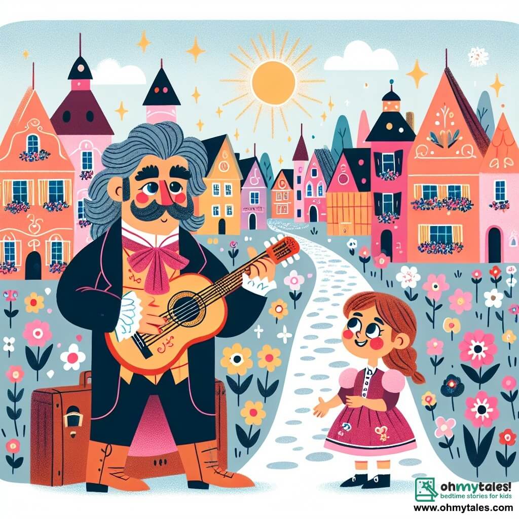 Une illustration destinée aux enfants représentant un homme musicien au talent magique, accompagné d'une jeune fille curieuse, dans la ville colorée de Harmonyville où les maisons sont peintes de couleurs vives et les rues sont bordées de fleurs en fleur.