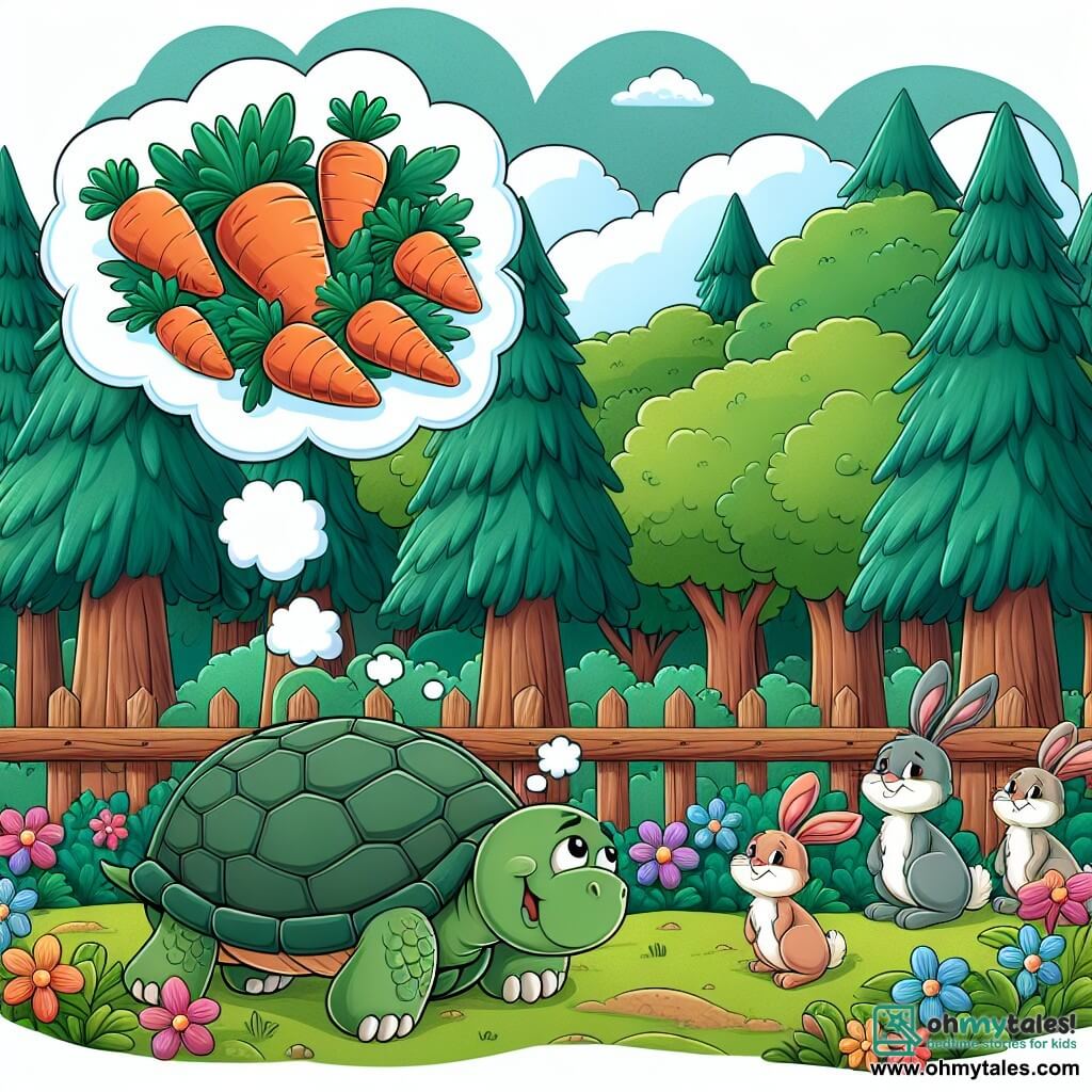 Une illustration destinée aux enfants représentant une tortue malicieuse qui rêve d'aventure, accompagnée d'un groupe de lapins espiègles, se trouvant dans une forêt luxuriante avec des arbres majestueux, des fleurs colorées et un patch de carottes alléchantes caché derrière une clôture en bois.
