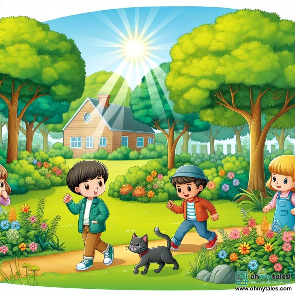 Une illustration destinée aux enfants représentant un jeune garçon curieux et déterminé, accompagné de ses amis, enquêtant sur la disparition mystérieuse d'un chat dans un parc ensoleillé, bordé d'arbres majestueux et de fleurs colorées, avec un petit cottage caché parmi les buissons.