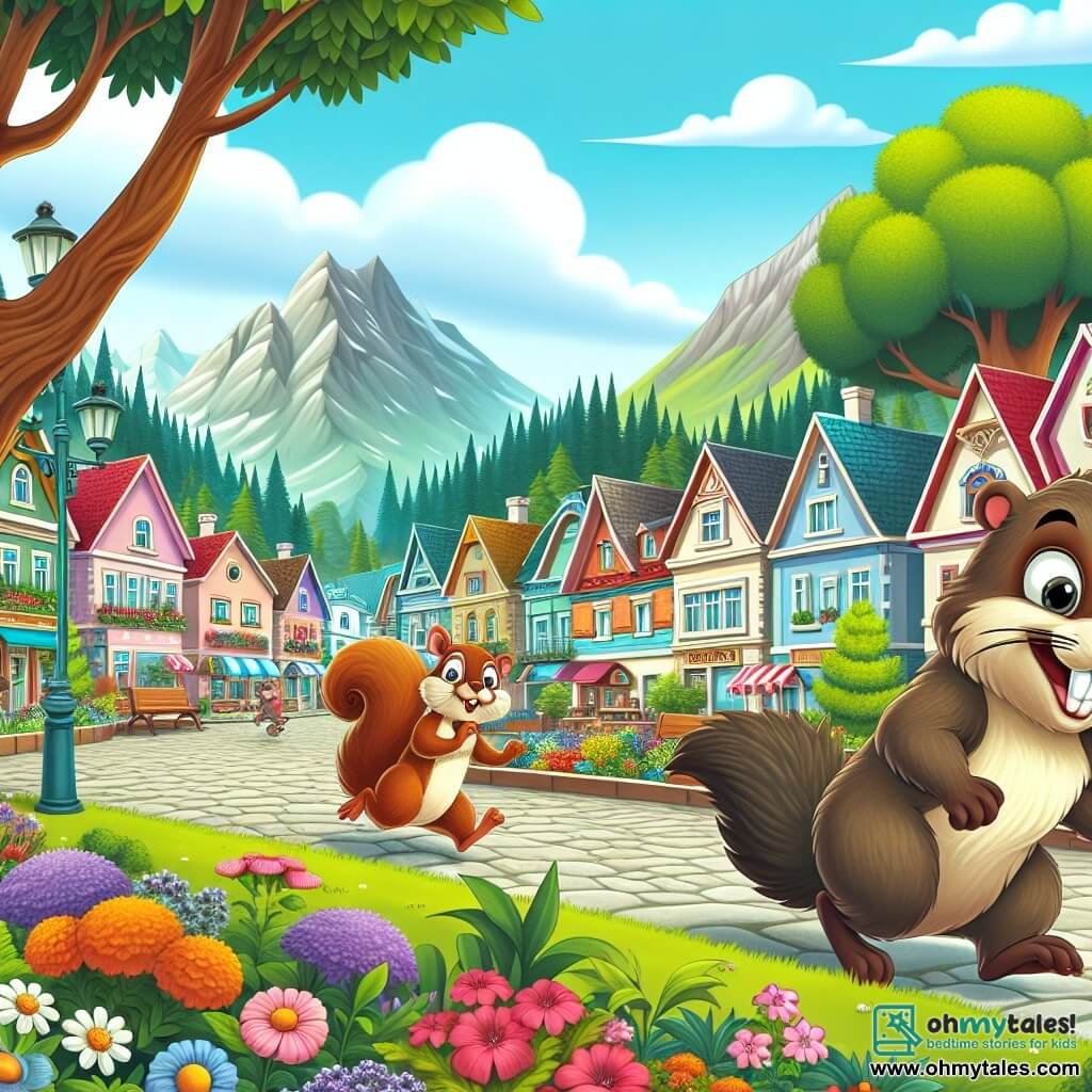 Une illustration destinée aux enfants représentant une marmotte espiègle et maladroite, poursuivant un écureuil farceur à travers les rues animées d'une ville pittoresque remplie de maisons colorées, de fleurs éclatantes et d'arbres majestueux.