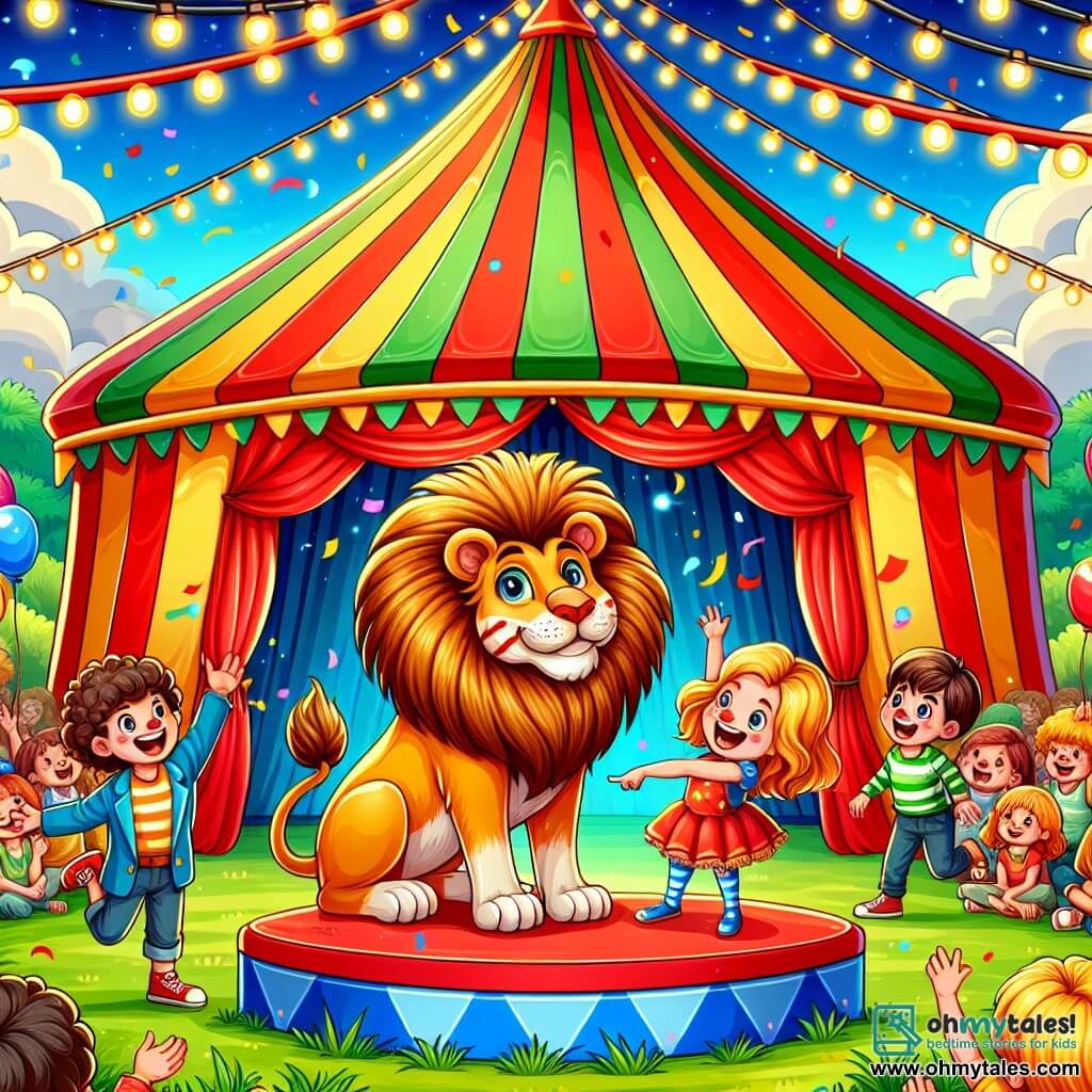 An illustration for children depicting a vibrant circus scene. In the center, a large tent with red and yellow stripes, illuminated by sparkling light garlands, stands in a green field under a bright blue sky. Enthusiastic spectators, both children and adults, crowd around, their faces lit up with excitement. A boy about 8 years old, with curly hair and a beaming smile, stands in the foreground with his arms raised in victory. Next to him, a 7-year-old girl with long blonde hair laughs heartily, her eyes sparkling with joy as she points to a majestic lion sitting on a red cushion, just regaining its roar. The lion, with its golden mane and proud gaze, appears happy and ready to roar. In the background, a group of colorful clowns, in bright costumes and painted faces, dance joyfully, adding a touch of whimsy to the scene. Confetti flies in the air, and colorful balloons float above the crowd. The atmosphere is filled with laughter and magic, capturing the essence of a moment of celebration and friendship at the heart of the circus.