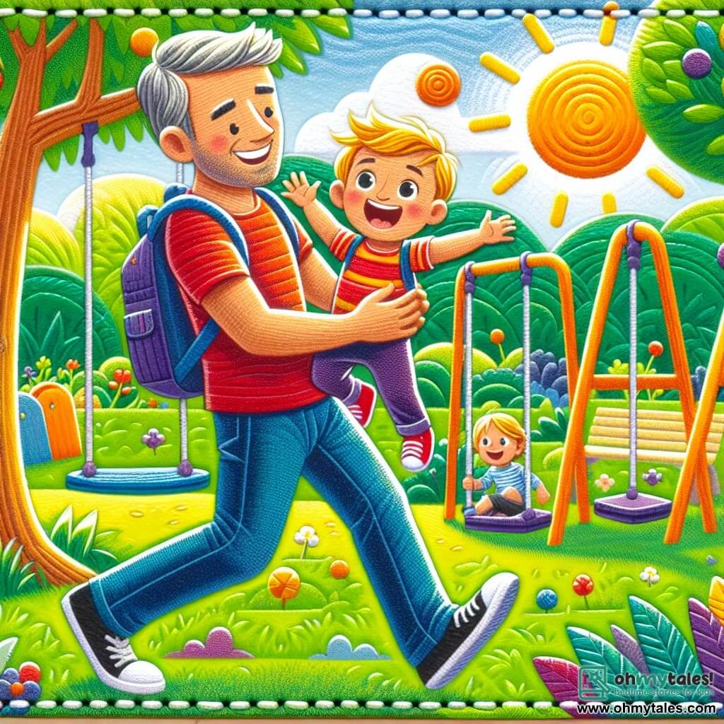 Une illustration destinée aux enfants représentant un petit garçon plein d'énergie et de curiosité, partageant une aventure joyeuse avec son père, dans un parc ensoleillé rempli de balançoires colorées et d'arbres verdoyants.