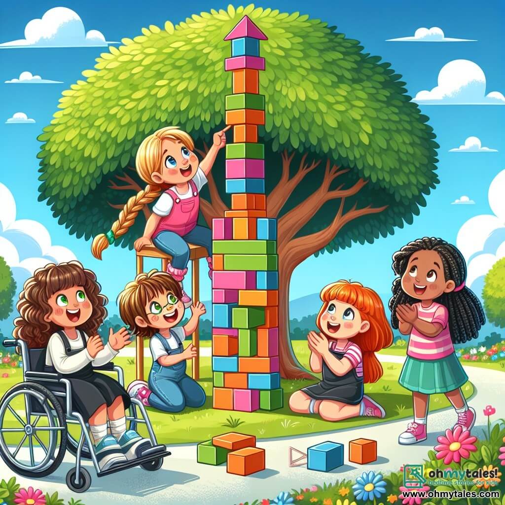 An illustration depicts a sunny park with a large oak tree at the center, its bright green leaves fluttering in the wind. At the foot of the tree, four young girls, aged around 8 to 10, are gathered around a colorful tower made of wooden blocks. One girl, with curly brown hair, sits in a wheelchair, smiling enthusiastically while holding a construction plan. Another girl, with blonde braided hair, carefully places a block on top of the tower, focused. The third girl, with straight black hair, claps joyfully, while the last girl, with curly red hair, watches the tower with wide eyes, ready to help. The block tower is tall and unstable, but the girls show expressions of determination and friendship. In the background, the sky is blue with a few white clouds, and colorful flowers line the path, adding a touch of magic to this scene of camaraderie and self-confidence.