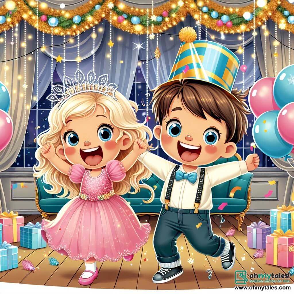 Une illustration destinée aux enfants représentant un petit garçon excité par la fête du nouvel an, dansant joyeusement avec son amie Lily, une fillette aux boucles blondes, dans un salon brillamment décoré de guirlandes scintillantes et de ballons colorés.