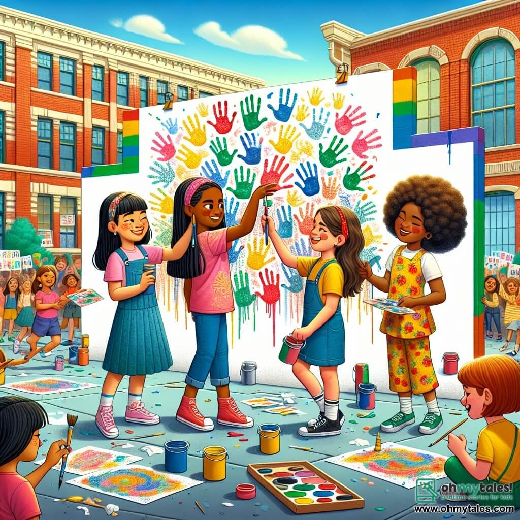An illustration depicts a colorful and lively schoolyard surrounded by buildings with bright facades in shades of yellow, blue, and red. In the center, a large white wall is being transformed into a beautiful mural symbolizing diversity. A group of four girls, around 10 years old, is painting. The first girl, of Indian descent, has long black hair, wears a pink t-shirt and blue pants, and smiles while adding colorful patterns to the mural. The second girl, of Irish descent, has curly red hair and freckles, wears a green smock, and is making handprints with paint. The third girl, of Italian descent, has short brown hair, wears a yellow t-shirt, and is mixing colors on a palette. Finally, the fourth girl, of African American descent, has curly hair and wears a floral dress, laughing while holding a bucket of paint. The scene radiates a joyful and collaborative atmosphere, with children from different backgrounds coming together to create. Colorful balloons float in the air, and posters about diversity are hung around the yard. In the background, other students of various ethnicities watch with curiosity and enthusiasm, some holding plates of traditional food, symbolizing cultural sharing.