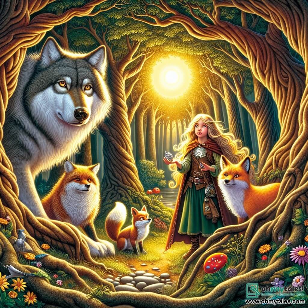 Illustration destinée aux enfants représentant une clairière enchantée au cœur d'une forêt dense, où de grands arbres aux troncs noueux s'élèvent vers le ciel, leurs feuilles scintillant sous la lumière dorée du soleil couchant. Au centre, une fille de 11 ans, avec de longs cheveux dorés flottant au vent, tient un locket argenté dans ses mains, son visage illuminé par l'émerveillement et la détermination. À ses côtés, un grand loup au pelage gris et brun, aux yeux empreints de sagesse et de tristesse, se tient protecteur, tandis qu'un renard rusé, aux yeux malicieux et à la fourrure flamboyante, observe la scène avec curiosité. Ensemble, ils se préparent à affronter un troll imposant, dont l'ombre se profile derrière les arbres, symbolisant le défi qu'ils doivent surmonter pour protéger la magie de la forêt. Des fleurs colorées et des créatures de la forêt, comme des oiseaux et des écureuils, ajoutent une touche de vie et de magie à cette scène d'aventure et de camaraderie.