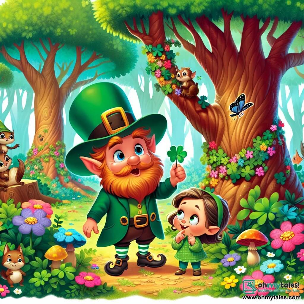 Une illustration destinée aux enfants représentant un lutin espiègle, accompagné d'une jeune fille curieuse, dans une forêt enchantée remplie de grands arbres aux branches touffues, de fleurs aux couleurs éclatantes et de petites créatures magiques.