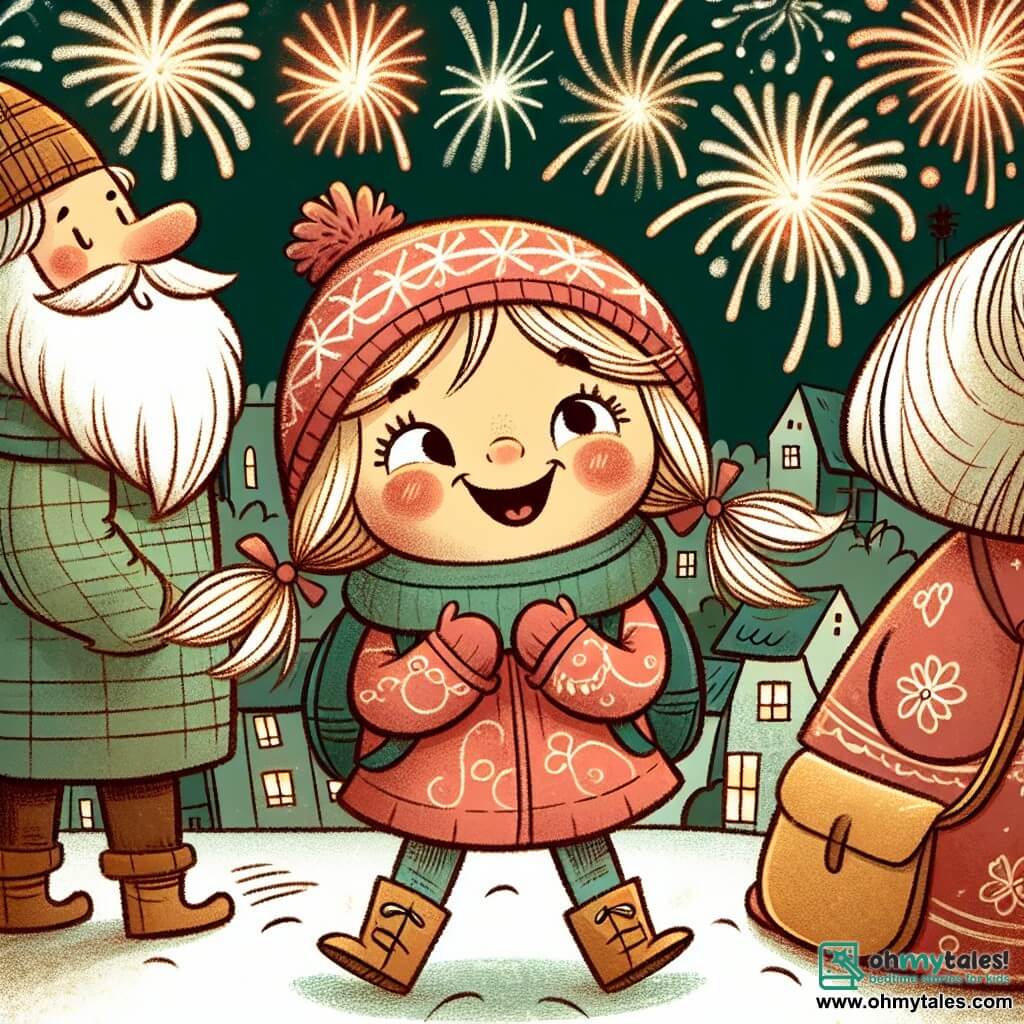 Une illustration destinée aux enfants représentant une fillette pleine de vie et d'aventure, qui souhaite rester éveillée jusqu'à minuit pour accueillir la nouvelle année, avec ses parents chaleureux, dans une petite ville illuminée par les feux d'artifice scintillants.