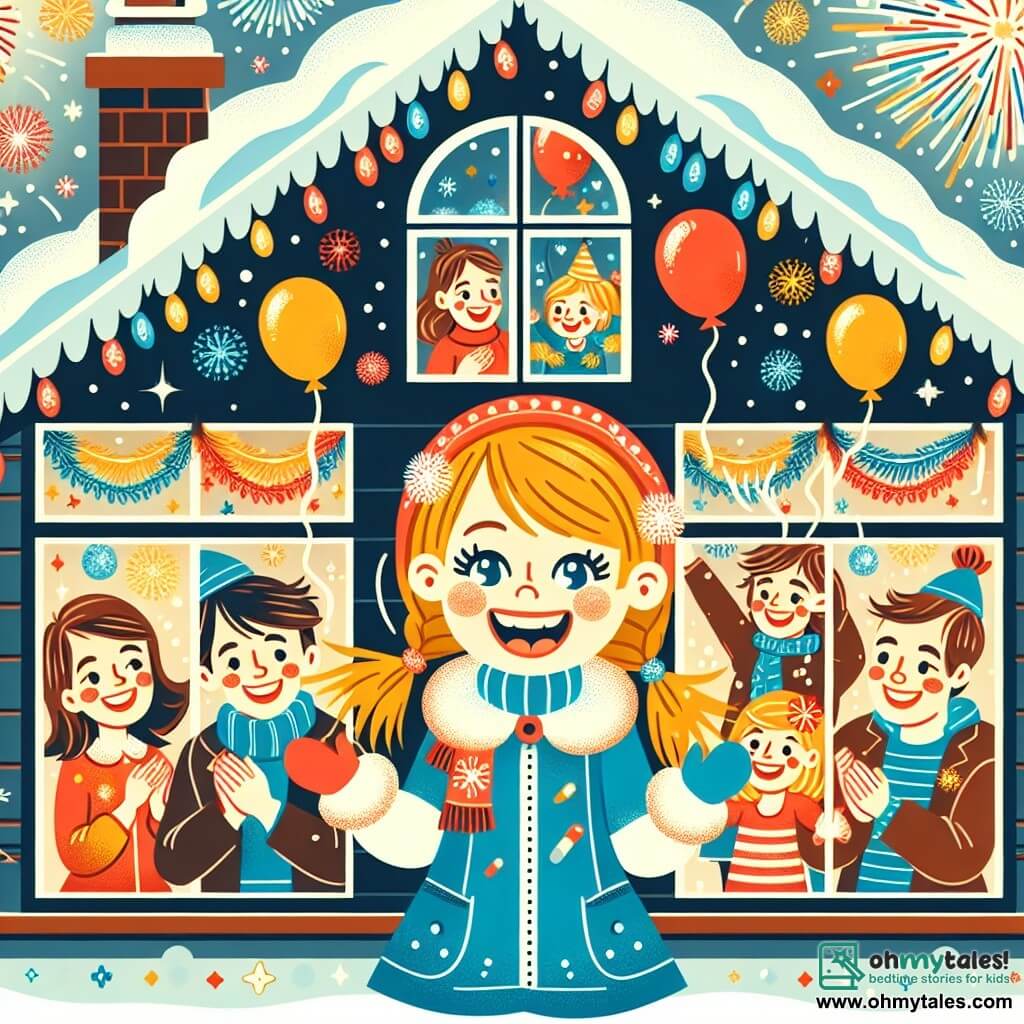 Une illustration destinée aux enfants représentant une fillette excitée pour la fête du nouvel an, entourée de sa famille joyeuse et d'amis dans une maison décorée de ballons colorés et de guirlandes scintillantes.
