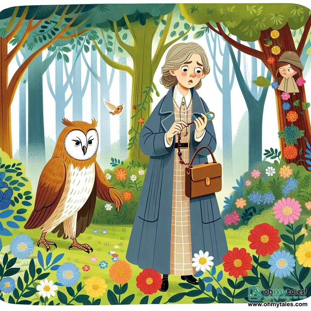 Une illustration destinée aux enfants représentant une femme détective intrépide, en quête d'un mystérieux collier disparu, accompagnée d'un sage hibou, explorant une forêt enchantée remplie de fleurs colorées et d'arbres chuchotants.