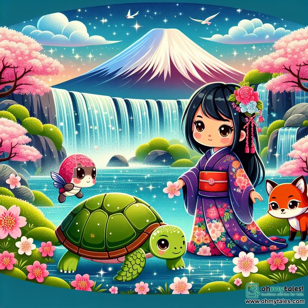Une illustration sous forme de dessin destinée aux enfants représentant un magnifique paysage japonais avec des cerisiers en fleurs et une vue sur la majestueuse montagne Fujikawa, où une jeune femme aux cheveux longs et noirs, vêtue d'un kimono coloré, se tient courageusement au bord d'une cascade scintillante, tenant un morceau de coquille de tortue dans sa main, tandis qu'un vieux tortue sage, avec une carapace brillante, l'observe avec bienveillance, et un renard espiègle aux yeux pétillants se faufile entre les fleurs luminescentes, symbolisant l'aventure et la quête de sagesse dans un monde magique.