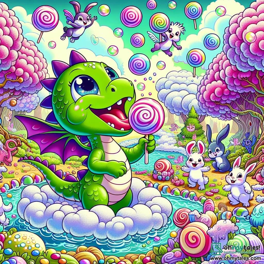 Une illustration sous forme de dessin destinée aux enfants représentant un paysage magique de Jumblewump avec des arbres en coton candy et des rivières pétillantes, au premier plan un petit dragon vert aux ailes violettes, avec de grands yeux brillants, qui souffle des bulles colorées tout en riant, entouré de créatures rigolotes comme un lapin aux grandes oreilles qui fait des sauts joyeux et des sprites en forme de bonbon qui dansent autour, le tout dans une ambiance festive et pleine de joie, capturant l'esprit ludique d'une grande fête dans un bain de bulles.