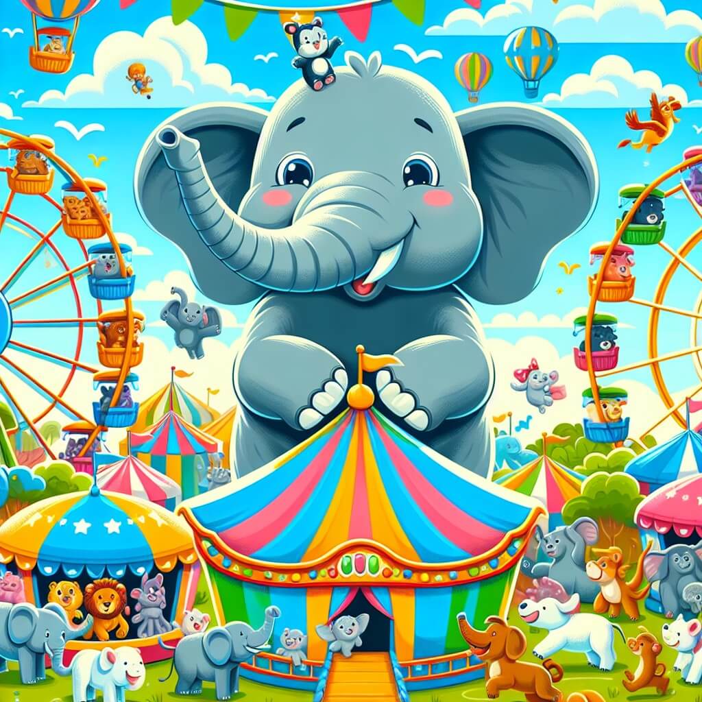 Une illustration destinée aux enfants représentant un éléphant malicieux et espiègle qui se retrouve dans une grande fête foraine remplie de manèges colorés et d'animaux joyeux.