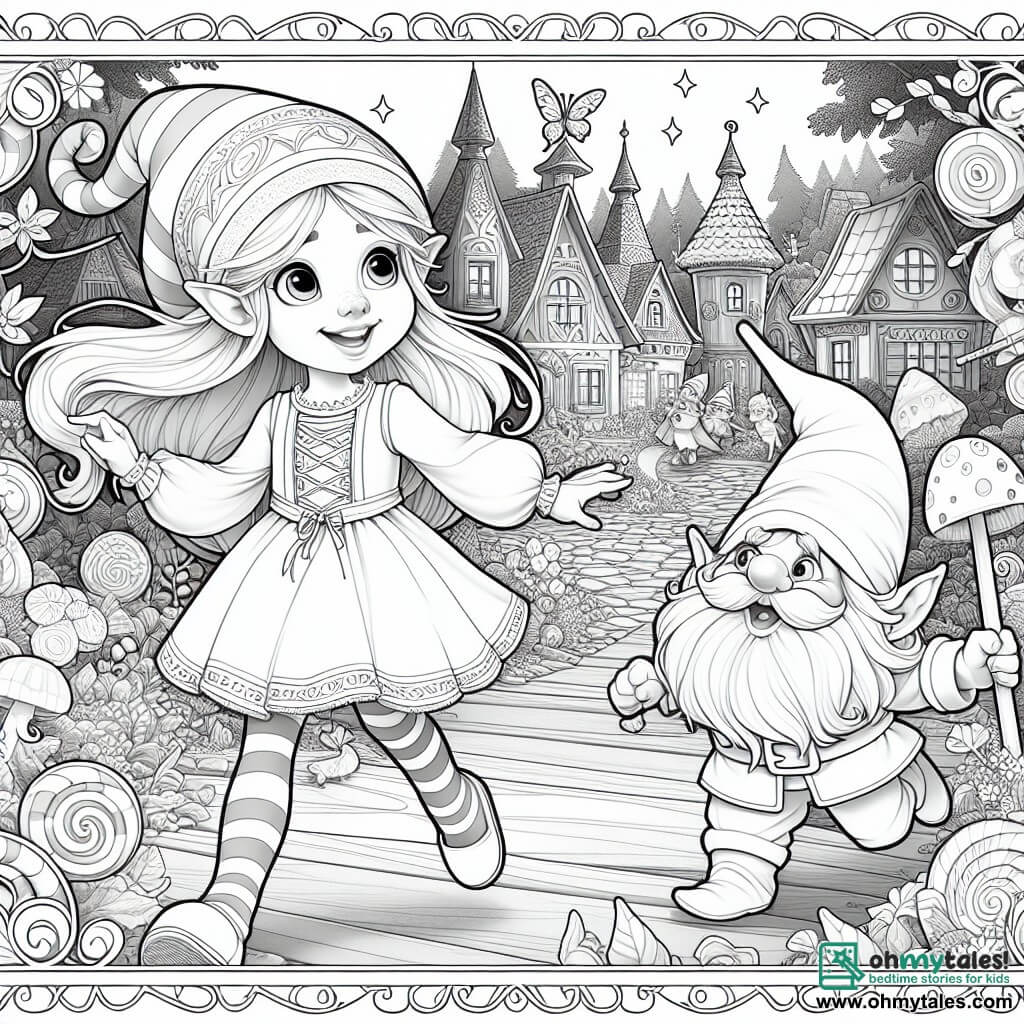 Une illustration destinée aux enfants représentant une jeune fille dotée de pouvoirs magiques, embarquée dans une aventure fantastique avec un gnome espiègle, se déroulant dans un village enchanteur rempli de bonbons et de créatures magiques.