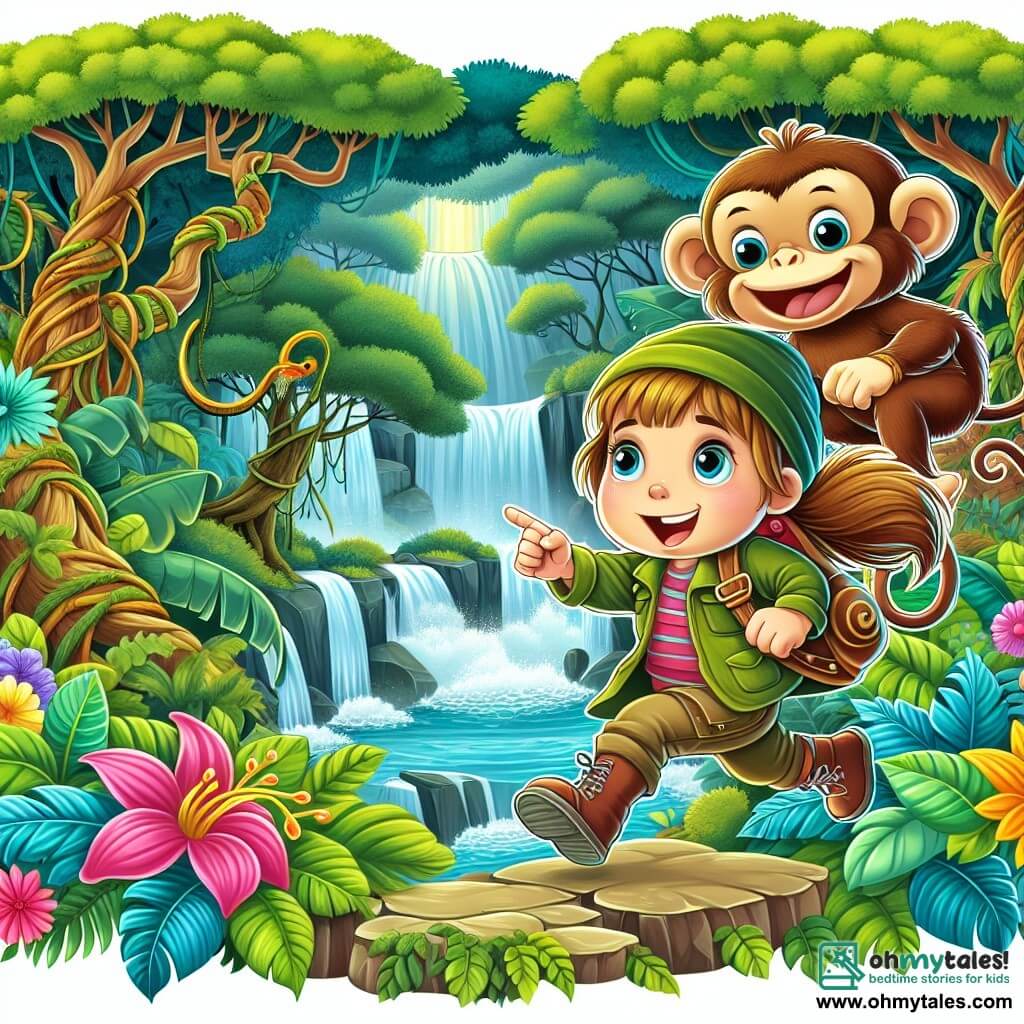Une illustration destinée aux enfants représentant une petite fille courageuse s'aventurant dans une jungle mystérieuse, accompagnée d'un singe espiègle, au cœur d'une forêt luxuriante aux arbres majestueux, aux cascades scintillantes et aux fleurs multicolores.