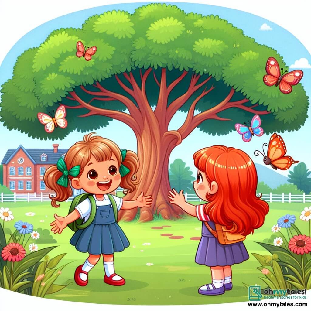 Une illustration destinée aux enfants représentant une fillette excitée pour sa première journée d'école, rencontrant une nouvelle amie aux cheveux roux sous un grand arbre majestueux dans la cour de récréation de l'école, avec des papillons virevoltant joyeusement autour d'eux.