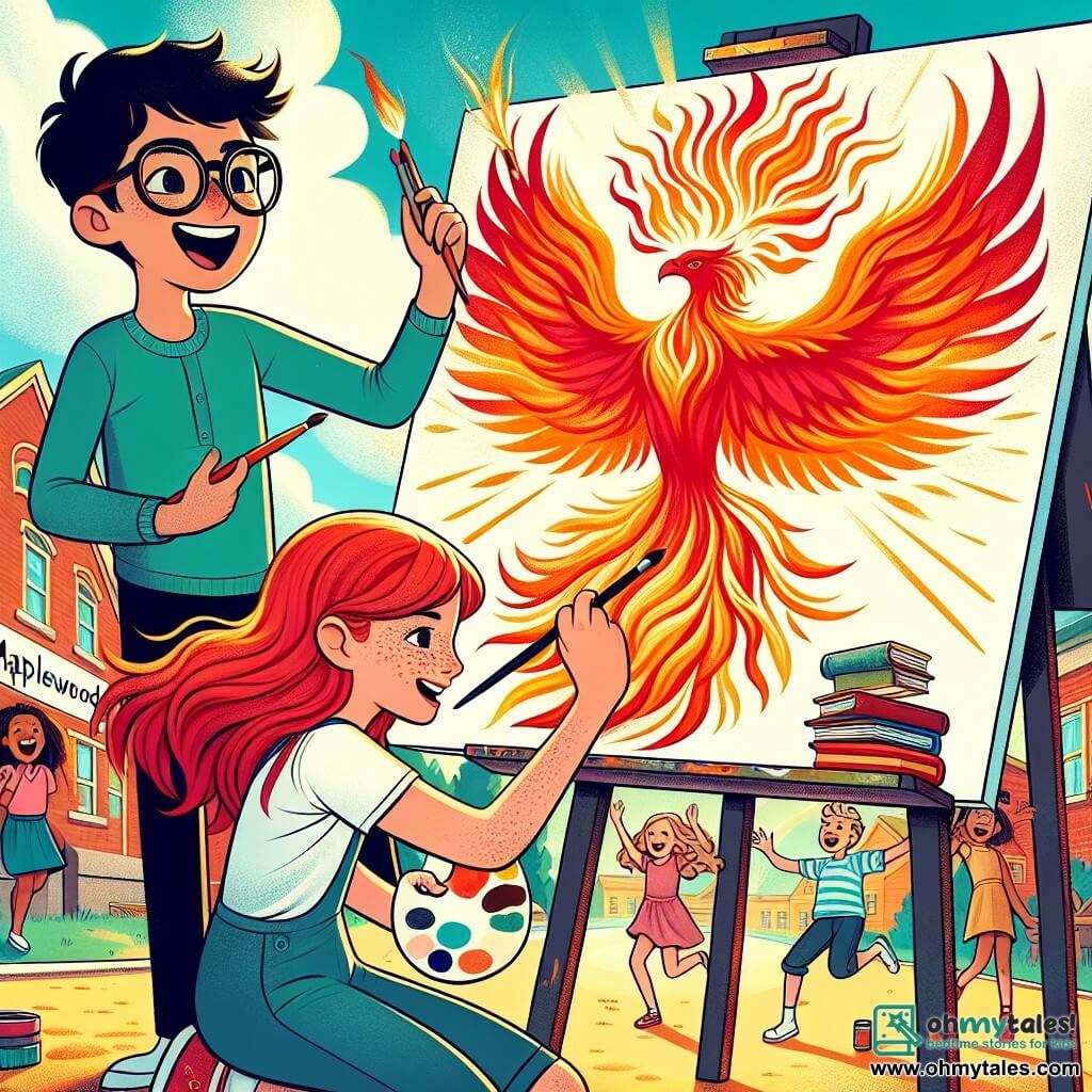 Une illustration sous forme de dessin destinée aux enfants représentant une scène vibrante dans le charmant village de Maplewood, où une fille de 11 ans aux cheveux auburn en désordre et aux taches de rousseur, debout devant un chevalet, peint avec passion un magnifique phoenix flamboyant, tandis qu'un garçon aux lunettes surdimensionnées et un large sourire l'encourage avec enthousiasme, entourés de couleurs éclatantes et de rires d'enfants qui admirent son œuvre, symbolisant la confiance en soi et la créativité.