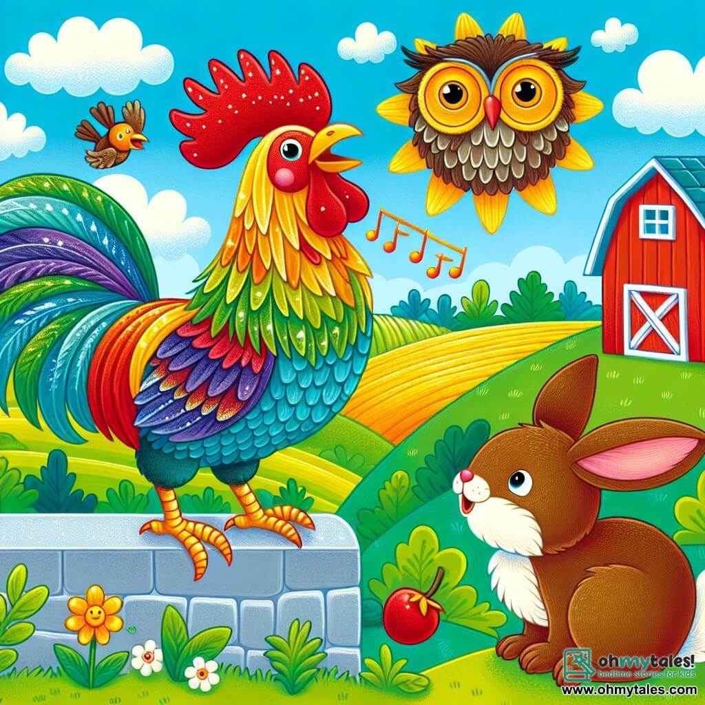 Une illustration sous forme de dessin destinée aux enfants représentant une ferme ensoleillée avec des champs verdoyants et une grange rouge, où un coq aux plumes brillantes et colorées se tient fièrement sur un muret, en train de chanter de toutes ses forces, tandis qu'une petite lapine aux grandes oreilles, au pelage doux et brun, l'écoute attentivement, et une chouette sage aux yeux ronds et dorés les observe depuis une branche, le tout sous un ciel bleu parsemé de nuages blancs, illustrant le moment où le coq réalise l'importance de la gentillesse et de l'entraide.