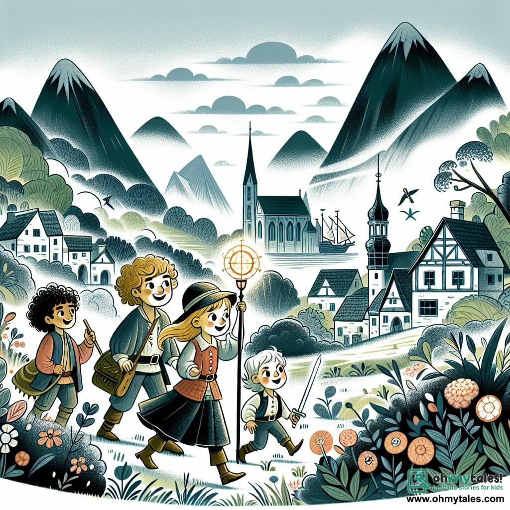Une illustration destinée aux enfants représentant une jeune fille courageuse découvrant un mystérieux trésor avec ses amis, dont un garçon aux cheveux bouclés, dans un village pittoresque entouré de montagnes brumeuses et de champs verdoyants.