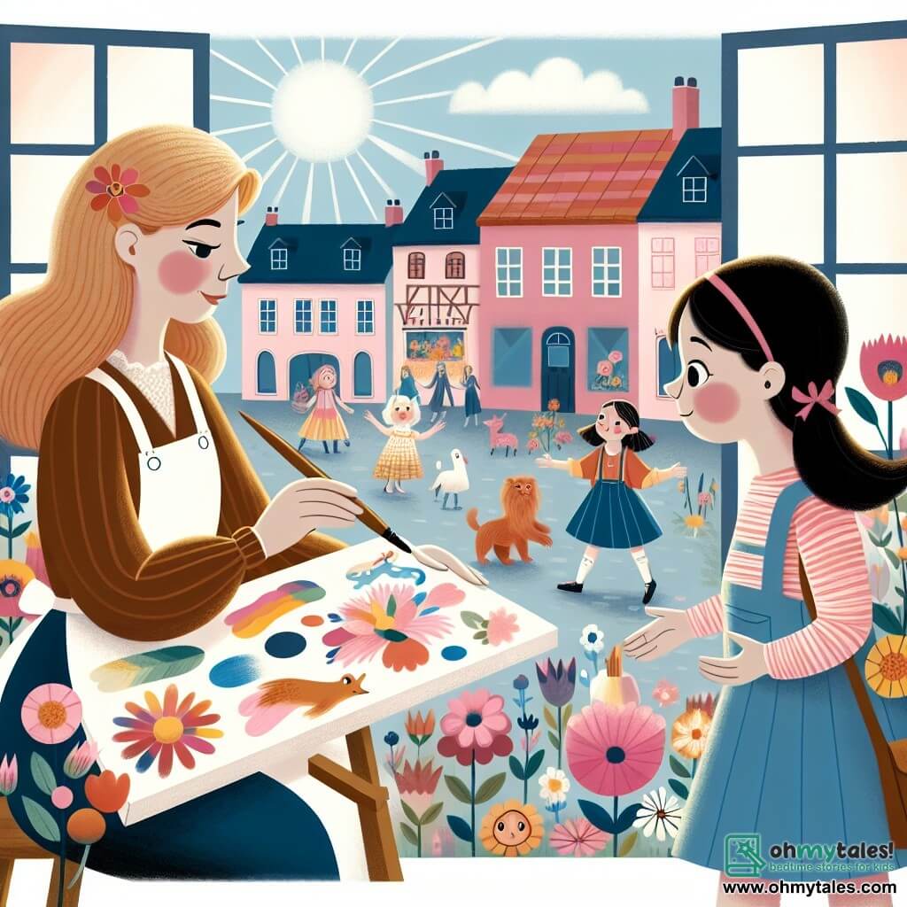 Une illustration destinée aux enfants représentant une artiste femme talentueuse peignant avec une petite fille curieuse dans une place de ville ensoleillée remplie de fleurs colorées et d'animaux dansants.