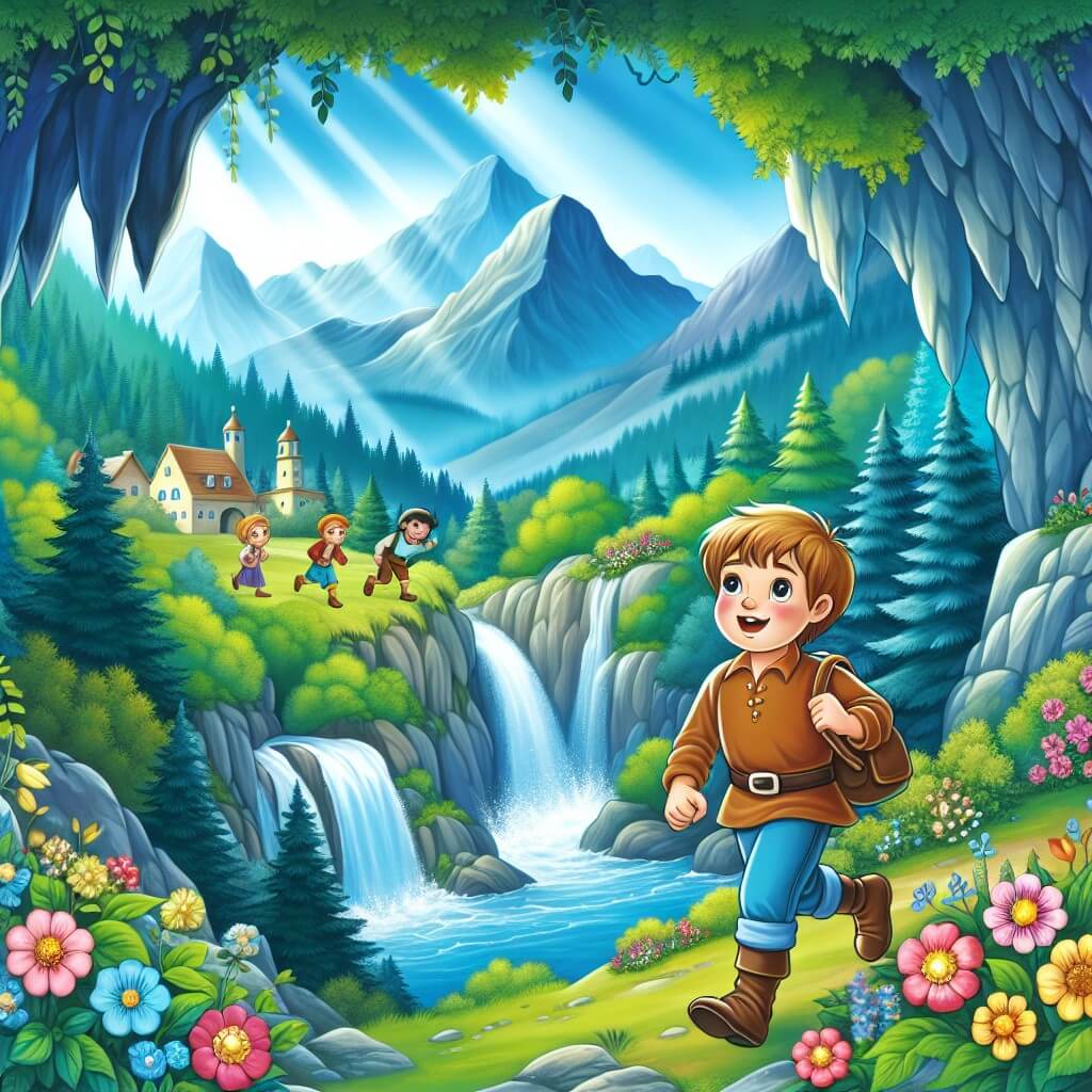 Une illustration destinée aux enfants représentant un jeune garçon intrépide, entouré de ses amis, découvrant une grotte mystérieuse cachée dans les montagnes verdoyantes d'un village paisible, où les cascades scintillantes se mêlent aux fleurs colorées et aux arbres majestueux.