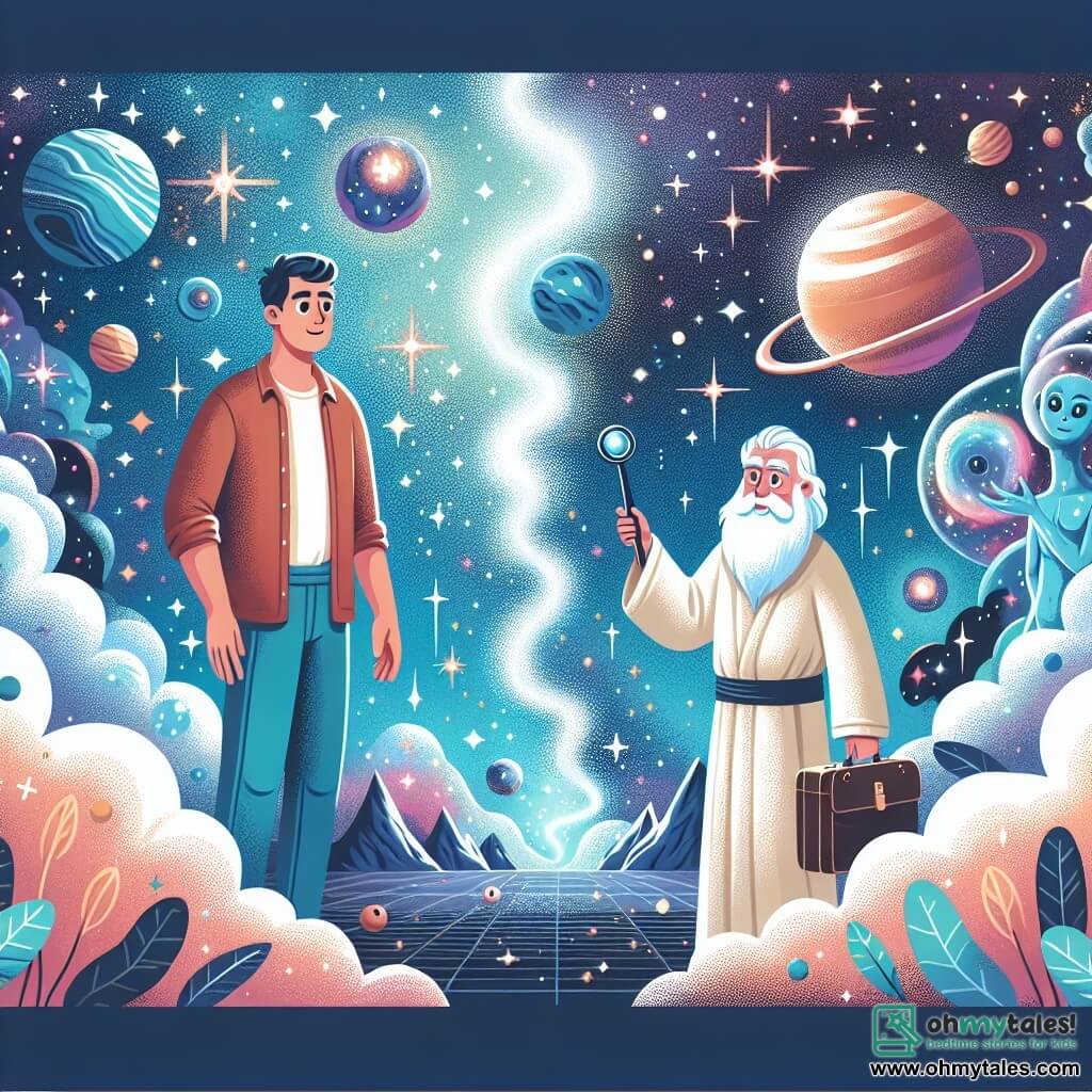 Une illustration destinée aux enfants représentant un homme ordinaire découvrant ses pouvoirs cosmiques, accompagné d'un sage extraterrestre, explorant des mondes lointains remplis de nébuleuses chatoyantes, sur la planète Lumina aux ciels étoilés scintillants.